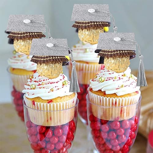 Miniatura 7 de 48 piezas de 2025 tapas de graduación 2025 para cupcakes con borlas adhesivas, puntos adhesivos, decoraciones de chocolate para la clase de 2025,