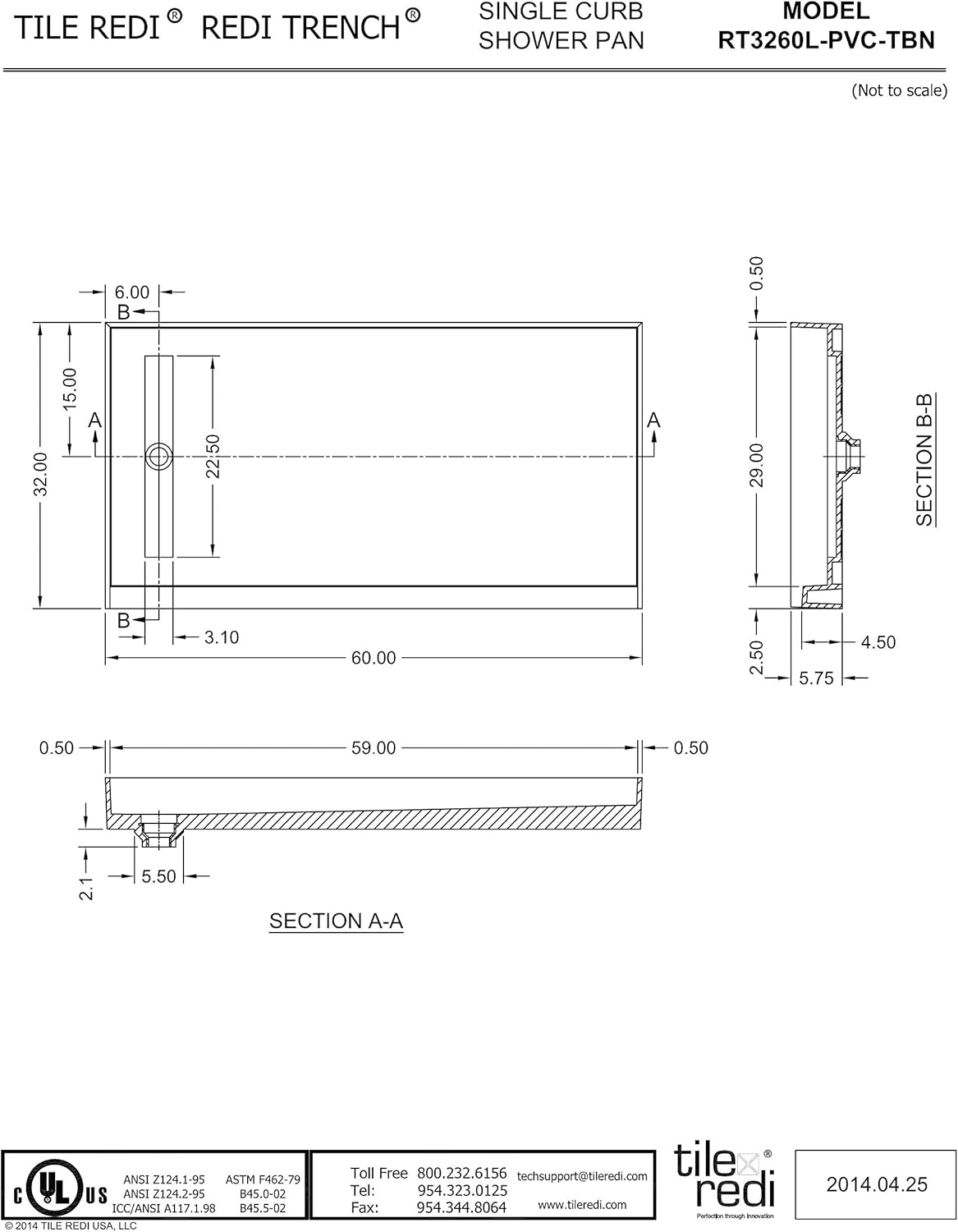 Tile Redi RT3260L-PVC-TBN Shower Pan with Left Drain- Single Curb Shower Base, 2" PVC Drain, and Grate Included, 60" Width x 32" Depth