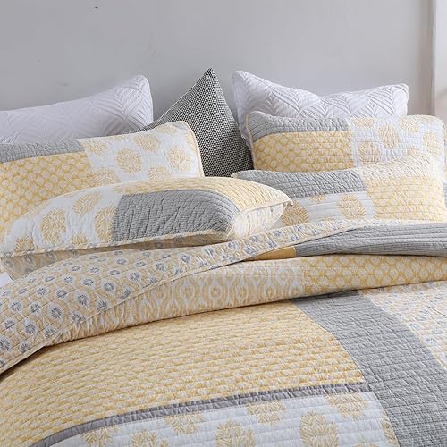 Miniatura 6 de Finlonte - Juego de edredón de algodón tamaño Queen acolchado 3 piezas reversible ligero decoración de cama para todas las estaciones colcha de