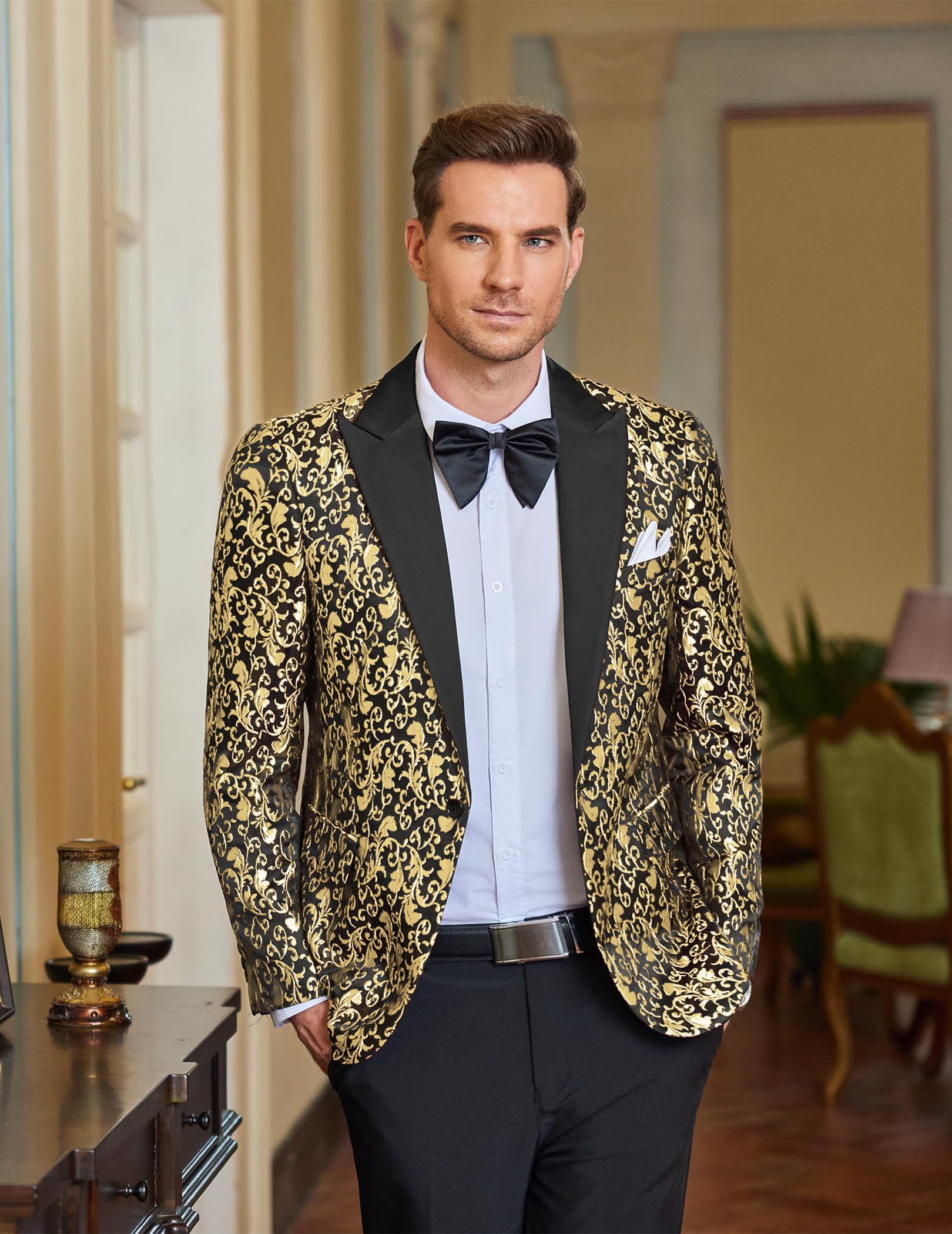 Coofandy, vestito da festa floreale da uomo, elegante giacca da cena da sposa Blazer per balli di fine anno, smoking - Giallo - 3XL