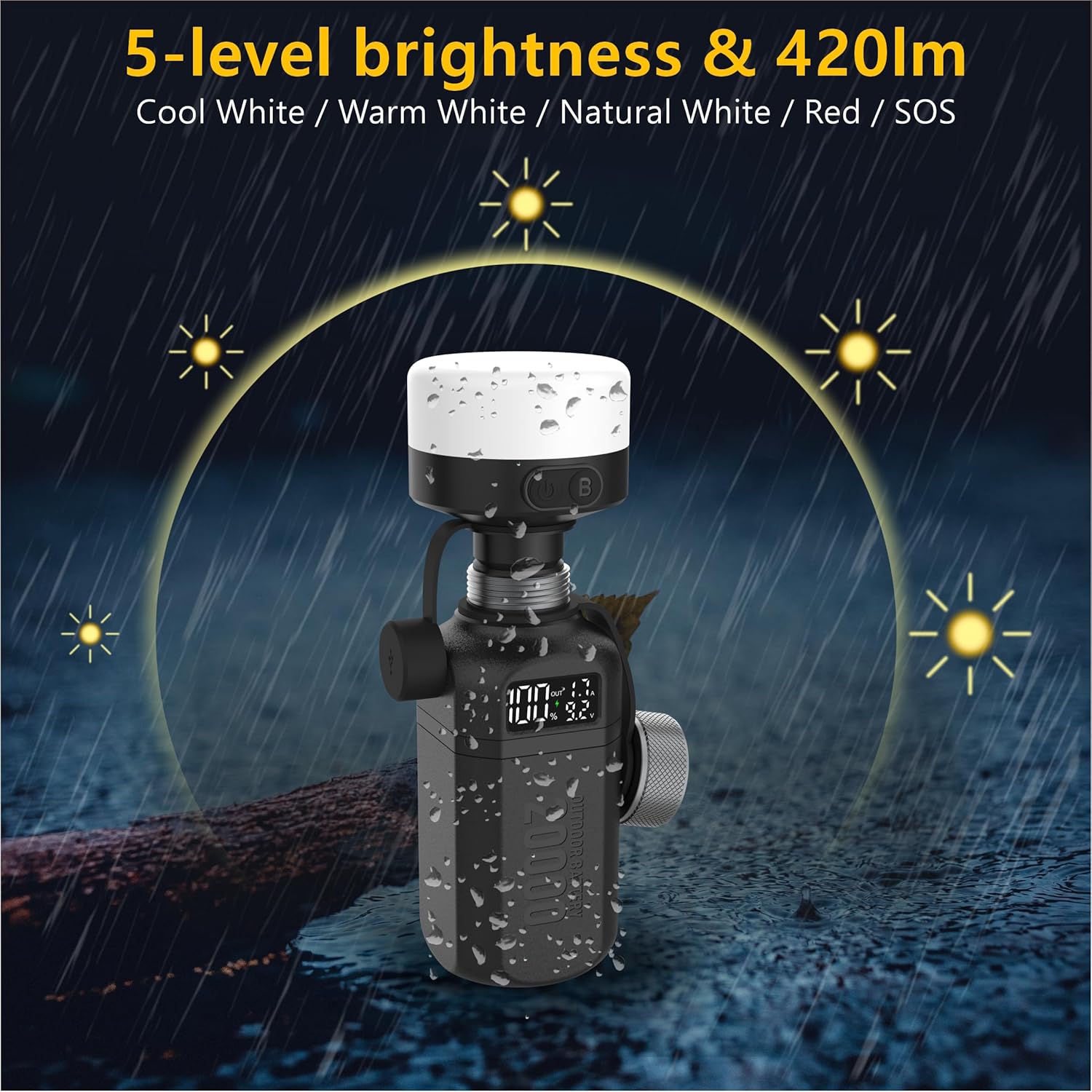 20,000mAh Rugged Power Bank with Fast Charge USB-C PD, IP68 Waterproof Shockproof, Includes 420lm Bright Camping Lantern, Tactical Outdoor Charger for Hiking Camping Survival Emergency（Black）