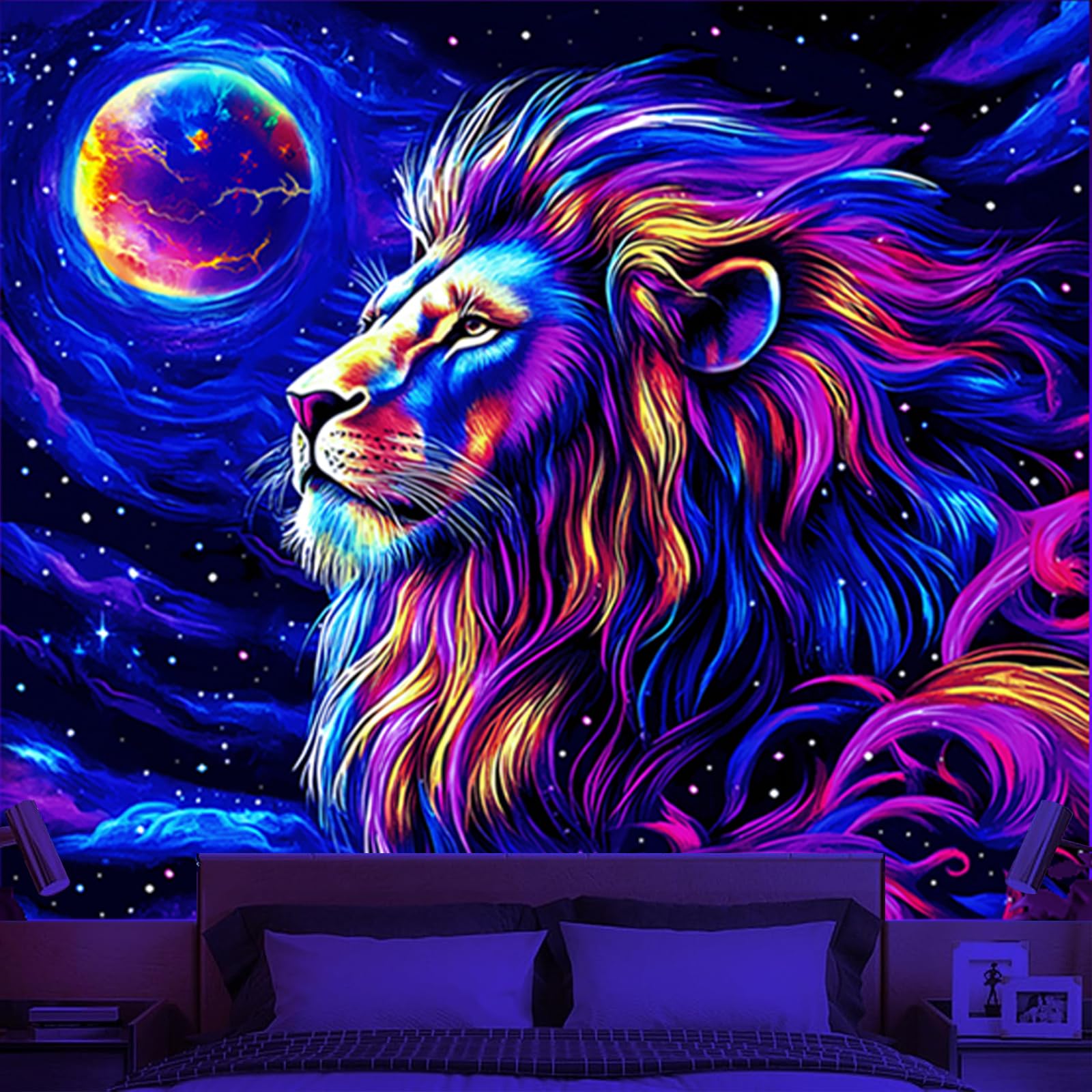 Amazon.com: Avinyl Blacklight Moon Tapestry, Black Light Lion and