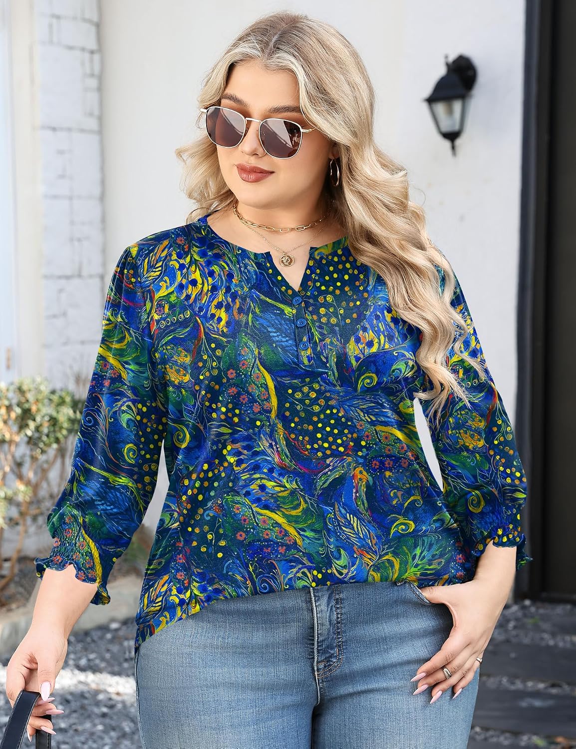 LOMON Womens Plus Size Tops 3/4 Sleeve Blouses Shirts Casual V Neck Loose Tunic Tops 1X-5X