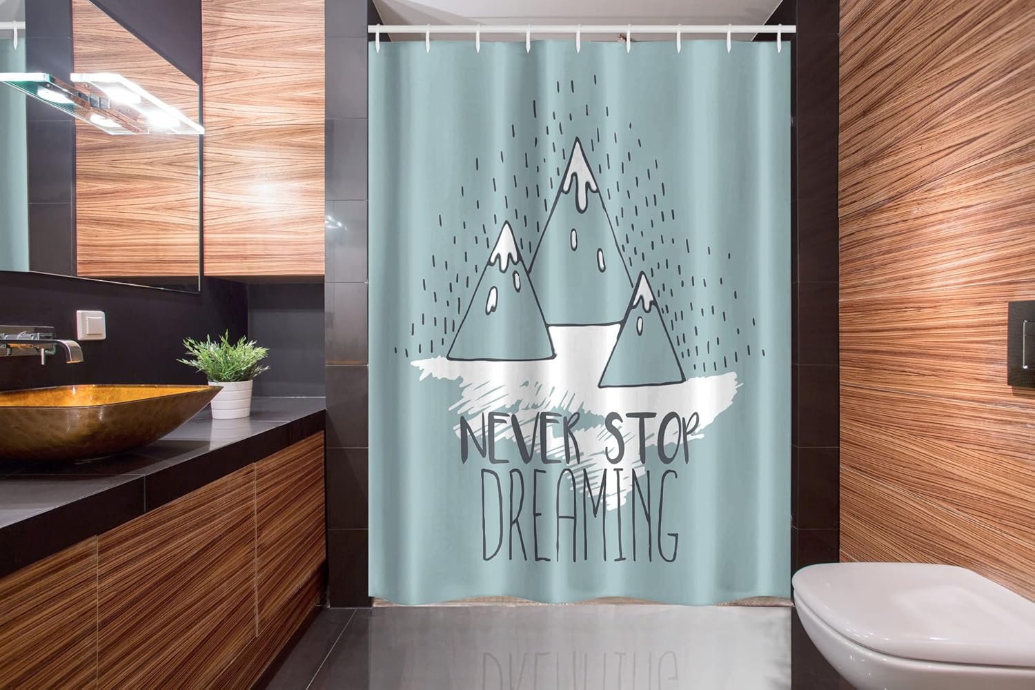 Ambesonne Saying Stall Shower Curtain, Mountain Peaks Never Stop Dreaming Goal Success Aspiration Print, Fabric Bathroom Decor Set with Hooks, 54" W x 78", Pale Green White