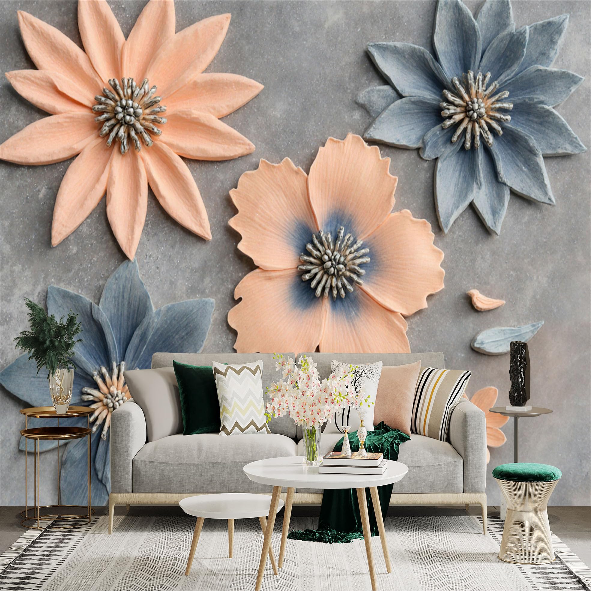 Custom Size Wall Sticker Mural， Soft Peach and Dusty Blue Floral Art， Elegant Botanical Petals， Textured Modern Bloom， for wall Decoration， peelandstick wall Decals.