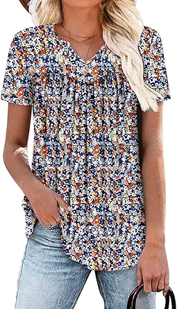 KISSMODA Tops for Womens Summer Cute Short Sleeve Shirts Trendy Notched Neck Blouses Casual Loose Pleated Tunics S-3Xl