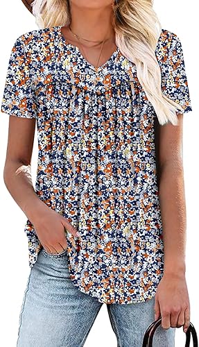 KISSMODA Tops for Womens Summer Cute Short Sleeve Shirts Trendy Notched Neck Blouses Casual Loose Pleated Tunics S-3Xl