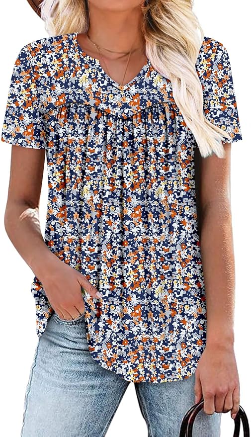 KISSMODA Tops for Womens Summer Cute Short Sleeve Shirts Trendy Notched Neck Blouses Casual Loose Pleated Tunics S-3Xl
