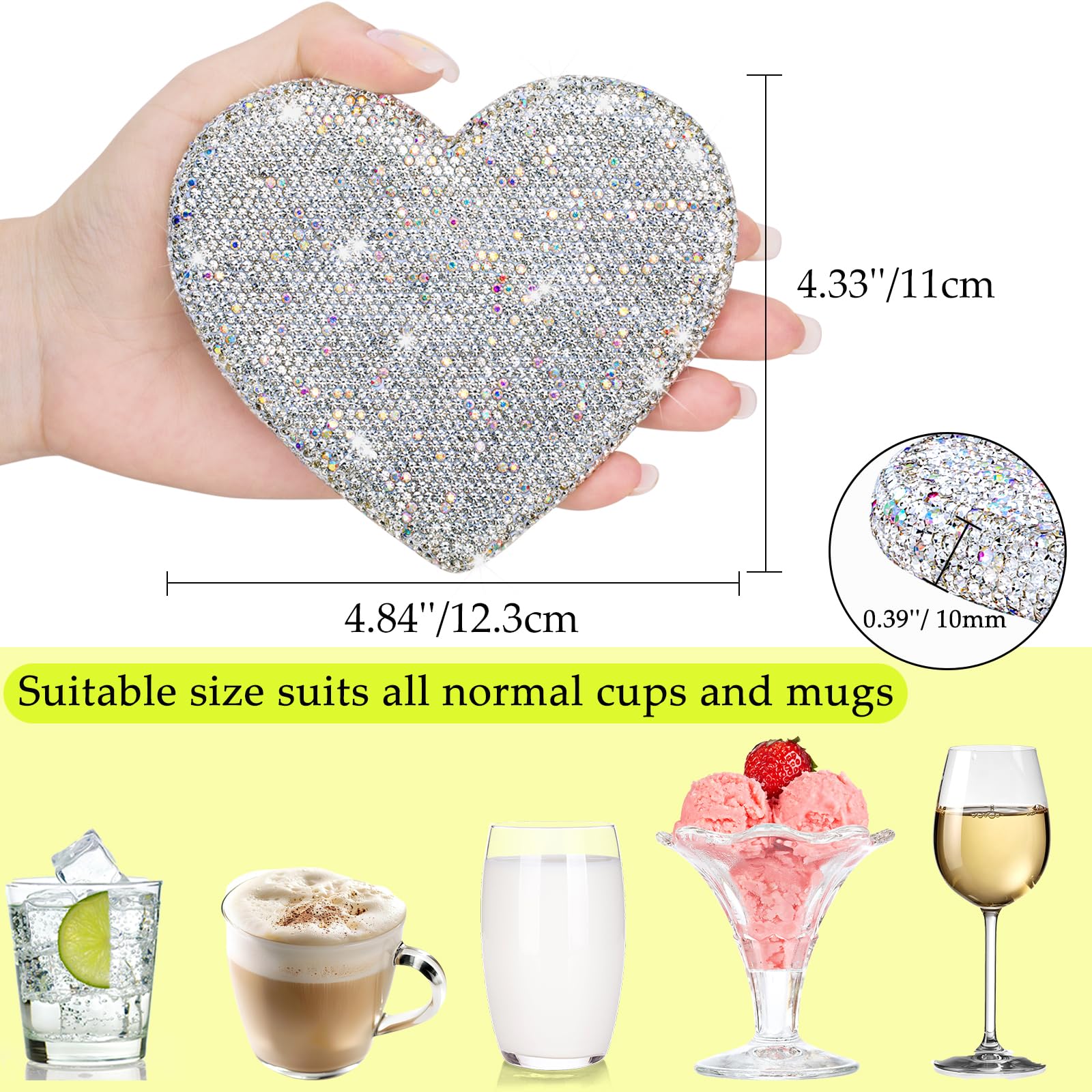 Bling Herzförmige Untersetzer, Set mit 6 Strasssteinen, Diamant-Trinkuntersetzer für Couchtisch, Kristall-Tassenmatte für heiße oder kalte Getränke, verdickt, rutschfest, Herz-Geschenke, glitzerndes