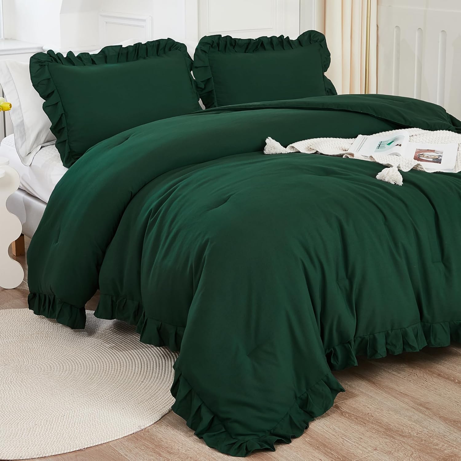 Litanika Dark Emerald Green King Comforter Set, 3 Pieces Boho Vintage Solid Forest Ruffle Bedding Set, All Season Lightweight Bed Set (104x90In Comforter & 2 Pillowcases) King (104"x90") 07 - Emerald Green