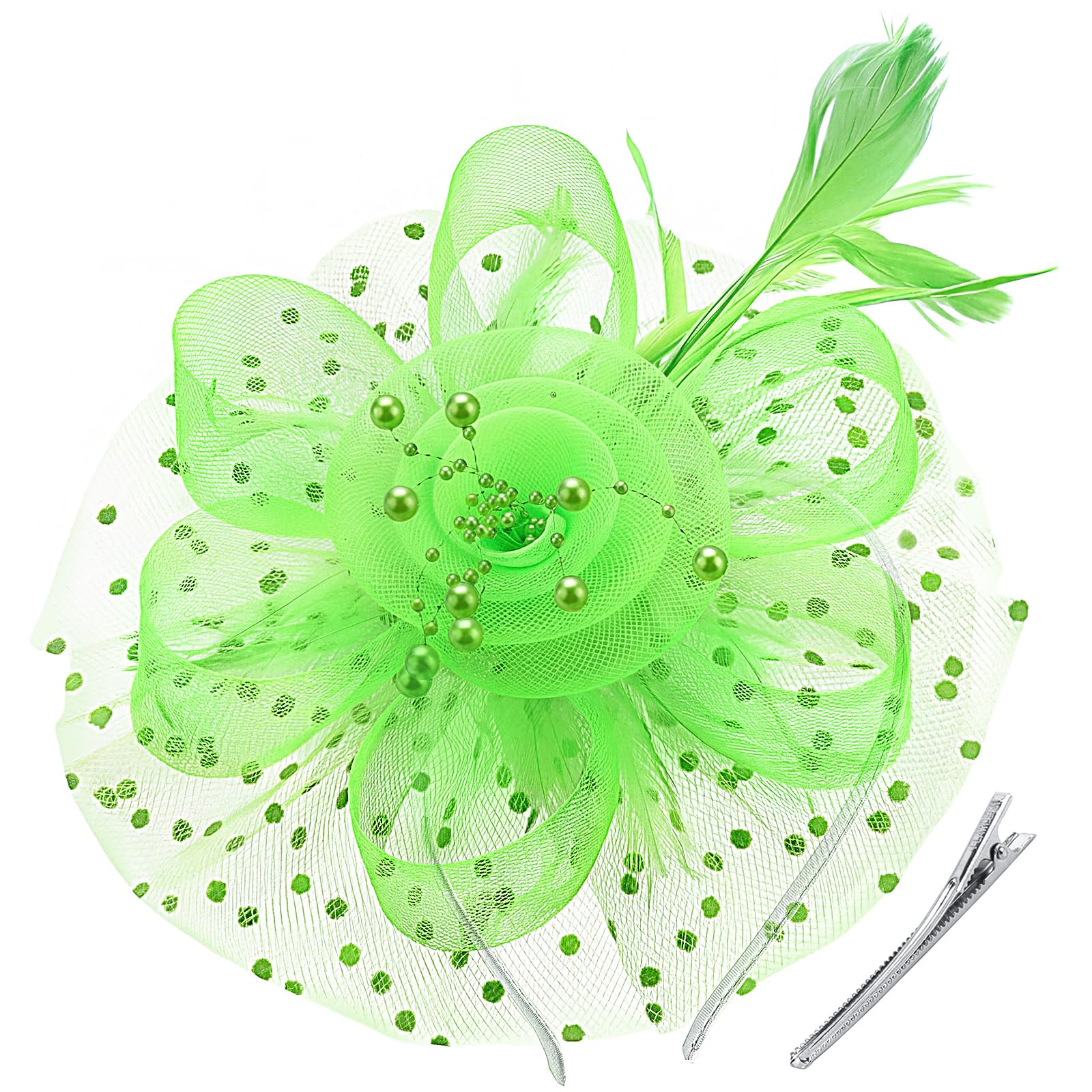 DRESHOW Fascinators Hat Flower Mesh Ribbons Feathers on a Headband and a Clip Tea Party Headwear for Girls and Women