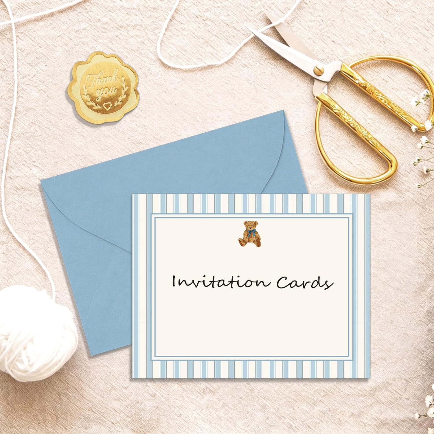 JarThenaAMCS 24 Pcs Flat Blank Notes with Envelopes Stickers Blue Stripe Bear Stationery Set Non Folding Double-Sided Note Cards for Baby Shower Birthday, 5.5 x 4.3 Inch