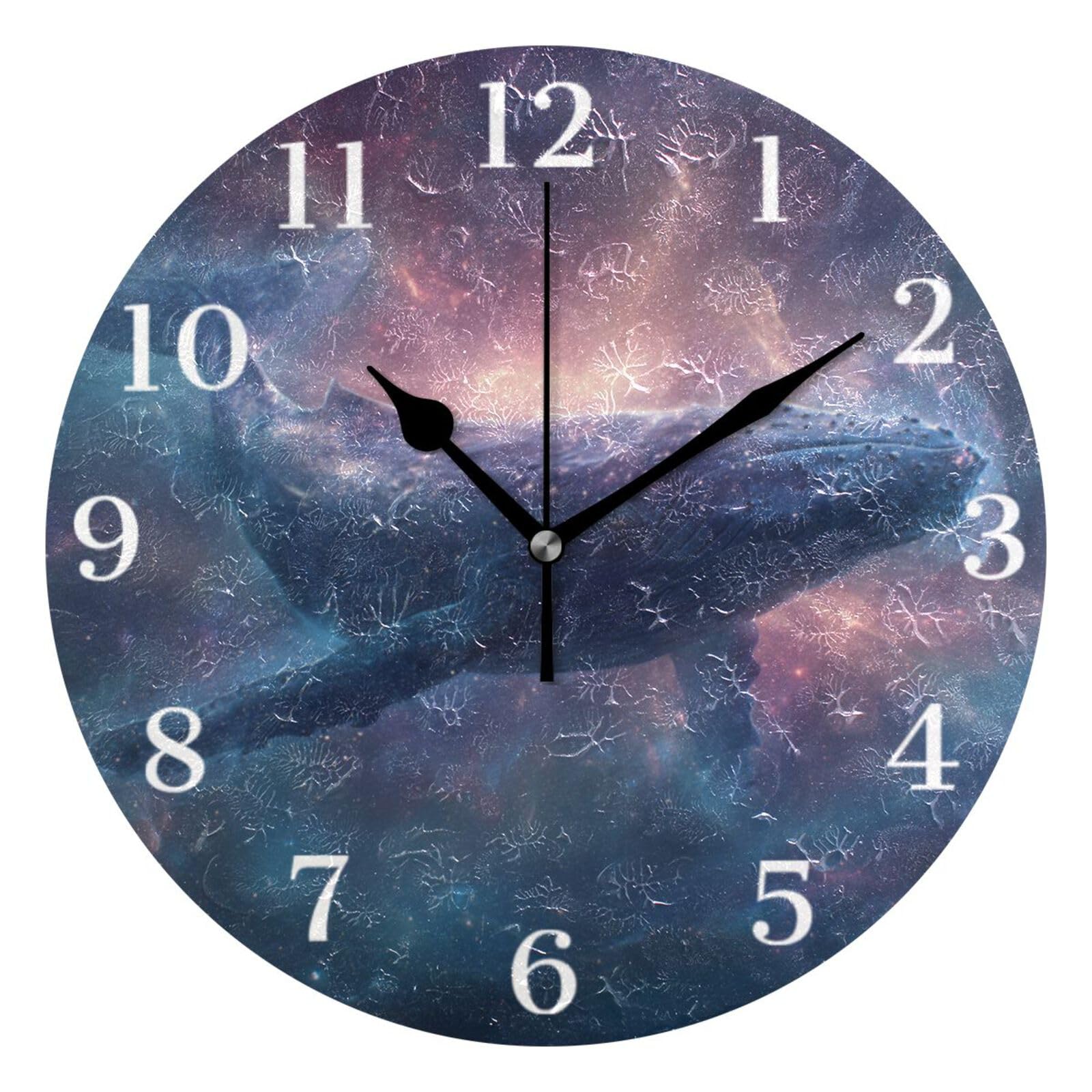 Ensound Purple Galaxy Whale Wall Clock Silent Non-Ticking Battery Operated Clocks 12 Inch for Kitchen Home Living Room