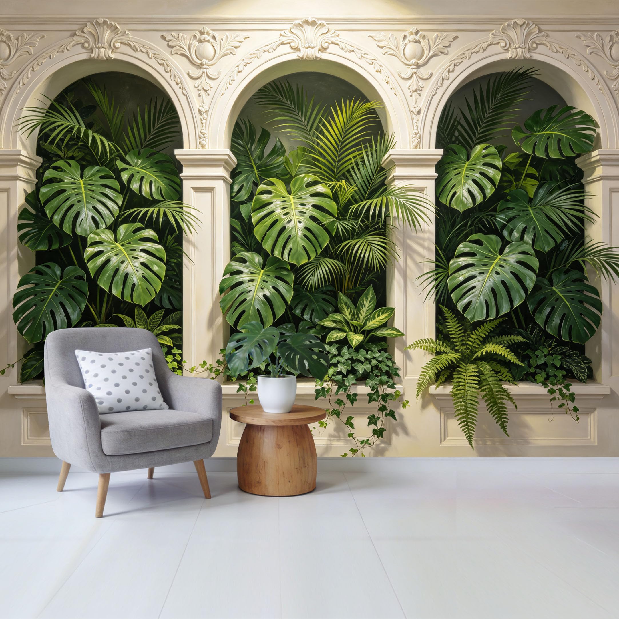 Custom Size Wall Mural Botanical Tropical Monstera Palm Leaf Arch Design Removable Self Adhesive Fabric， Home Wall Decor for Living Room Bedroom Bathroom
