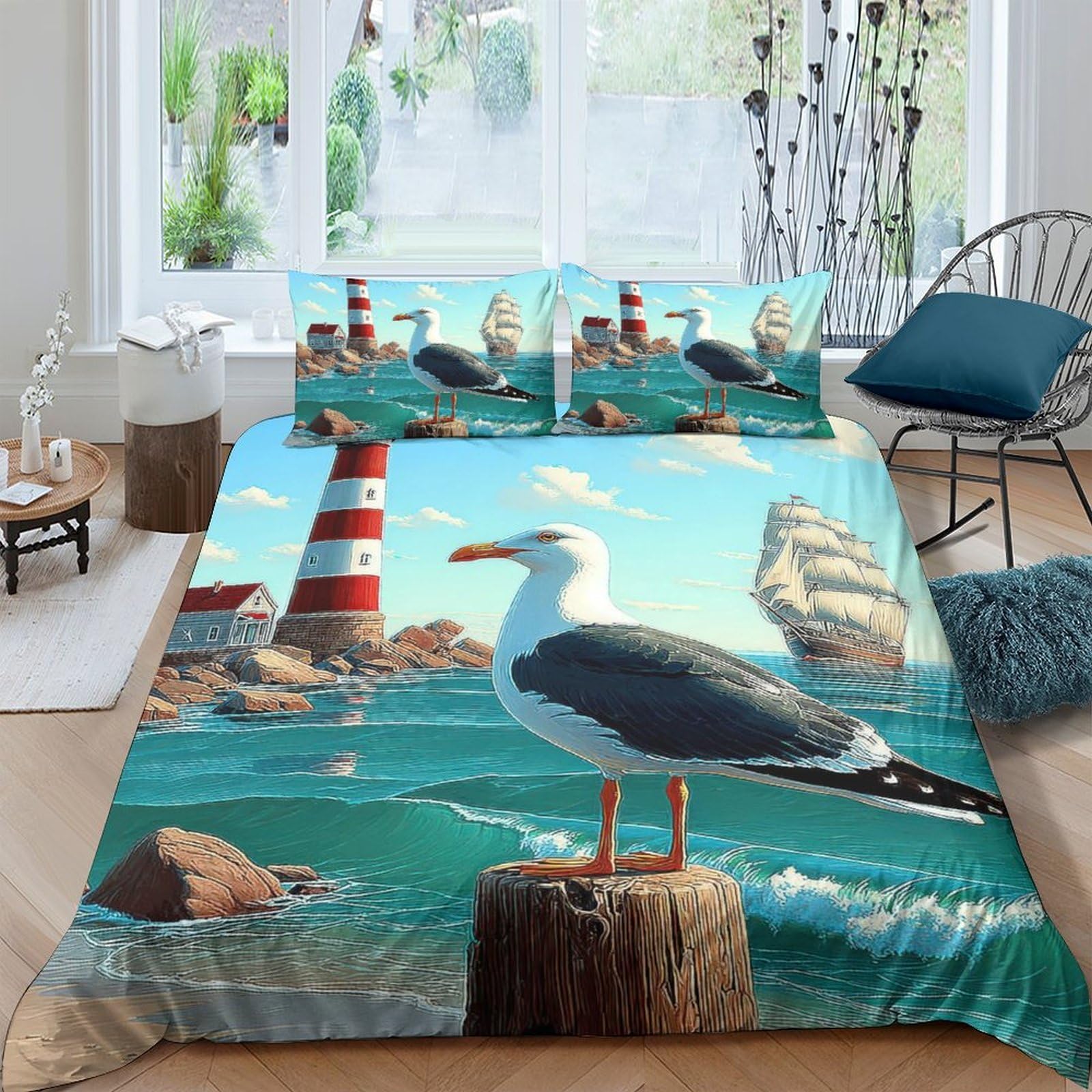 Ctjqhvkz Style-1 3D Printed Seaside Lighthouse Fitted Sheet Microfiber Soft Ocean Seagull Mattress Cover For Bedroom Guest Room Decor Single（135X200cm）