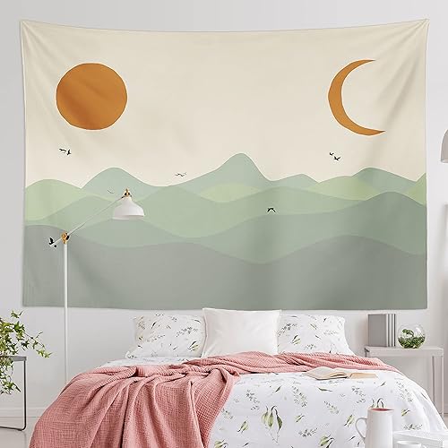 Tapiz bohemio de montaña y sol, color verde salvia, montañas, luna, paisaje natural, tapiz para colgar en la pared, tapiz minimalista de mediados de