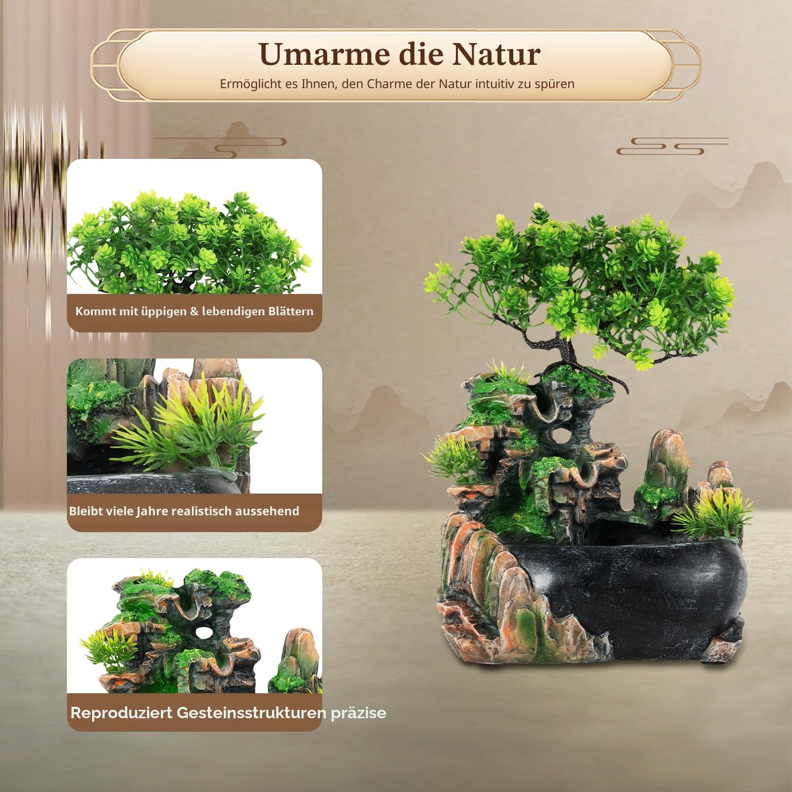 Zimmerbrunnen Wasserfall – Tischbrunnen Klein mit Wasserpumpe, Springbrunnen Zimmer Wasserspiel für Wohnzimmer Büro, Bonsai Zen Garten Deko Meditation