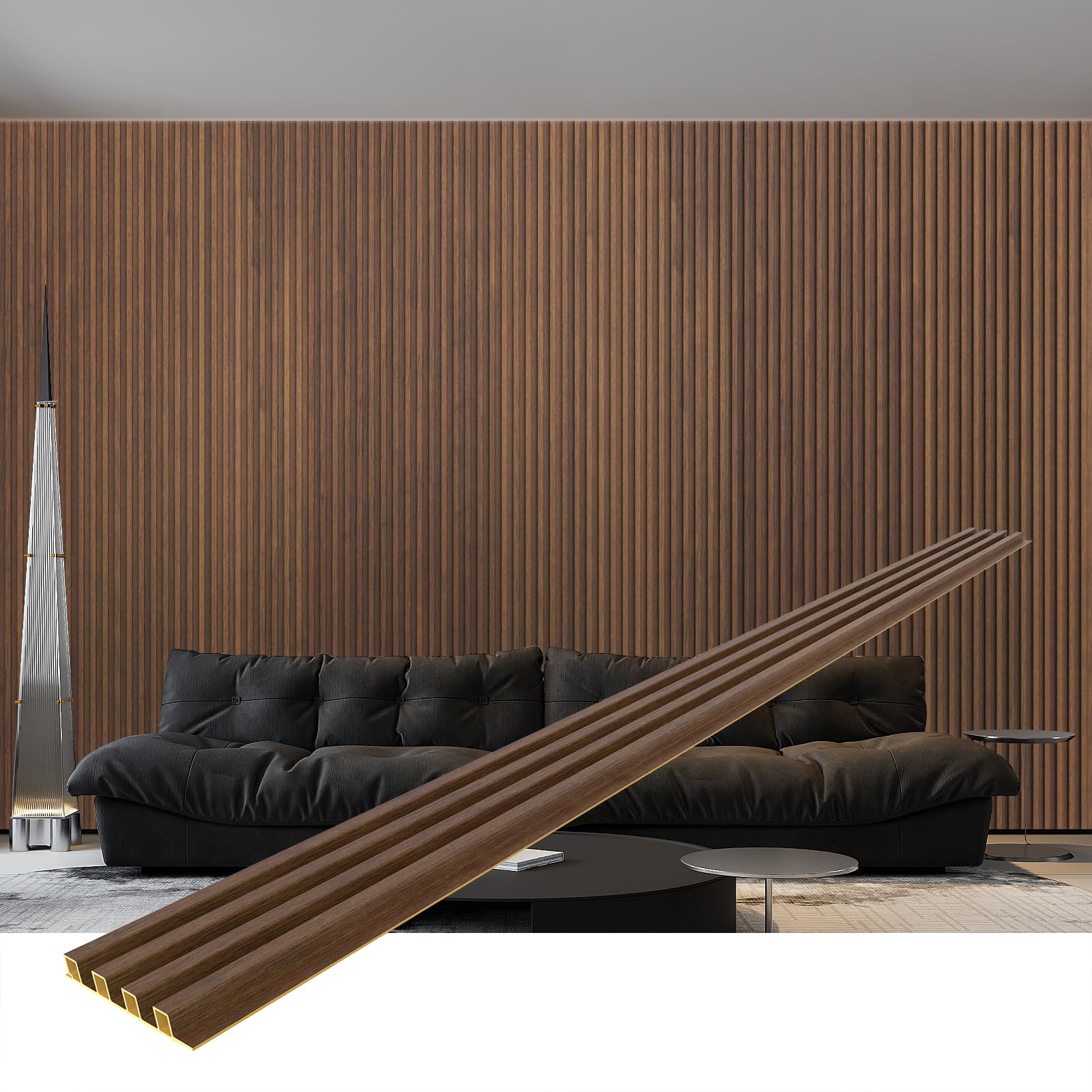 Condition photo showing New/Like New for 8-Pack WPC Slat Wall Panels, 96 x 6.6 in Decorative Acoustic Slats 3D Wall Panels, Water-Proof and Easy Installation,Walnut