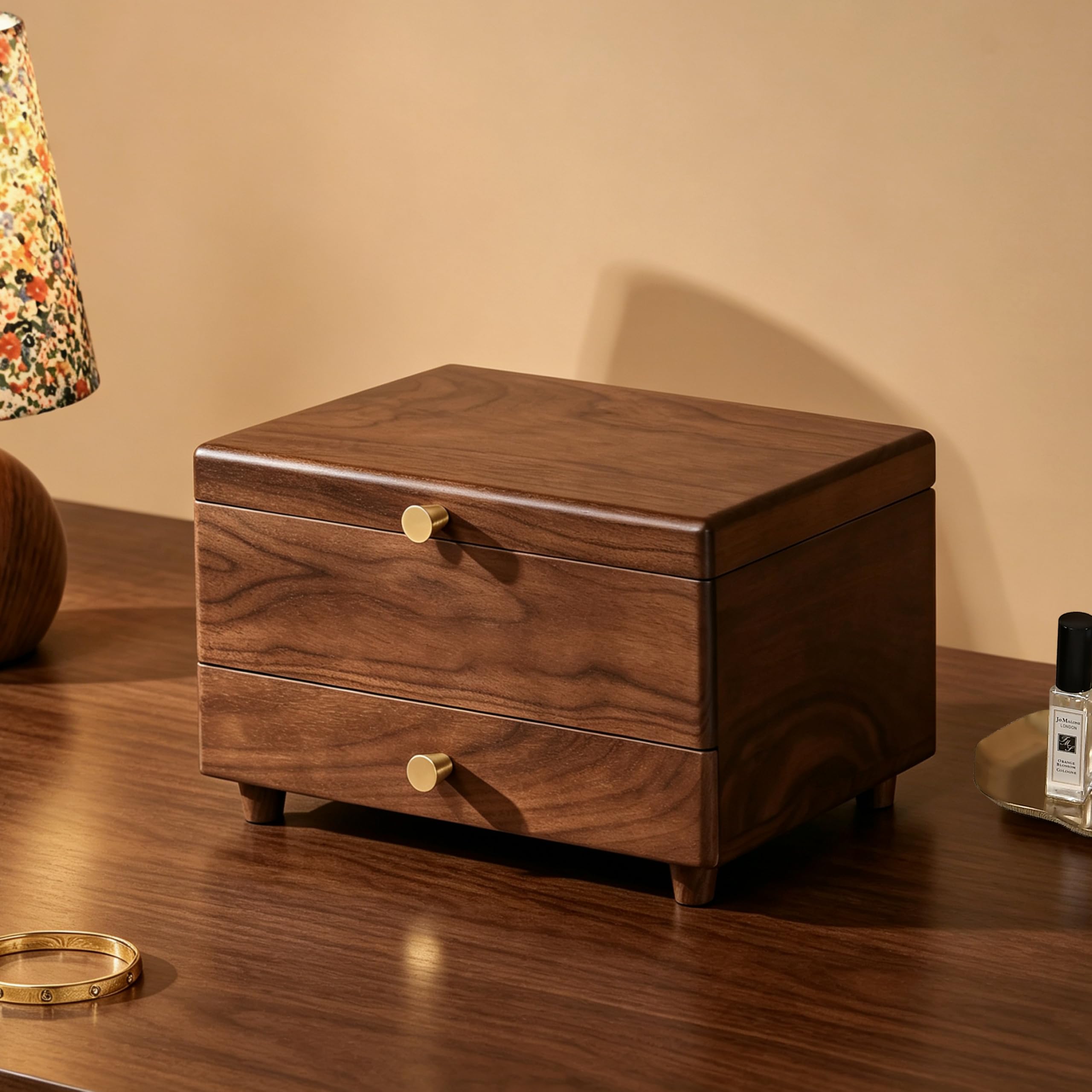 Black Walnut Wooden Jewelry Box with Feet, 3 Layer Organizer for Women