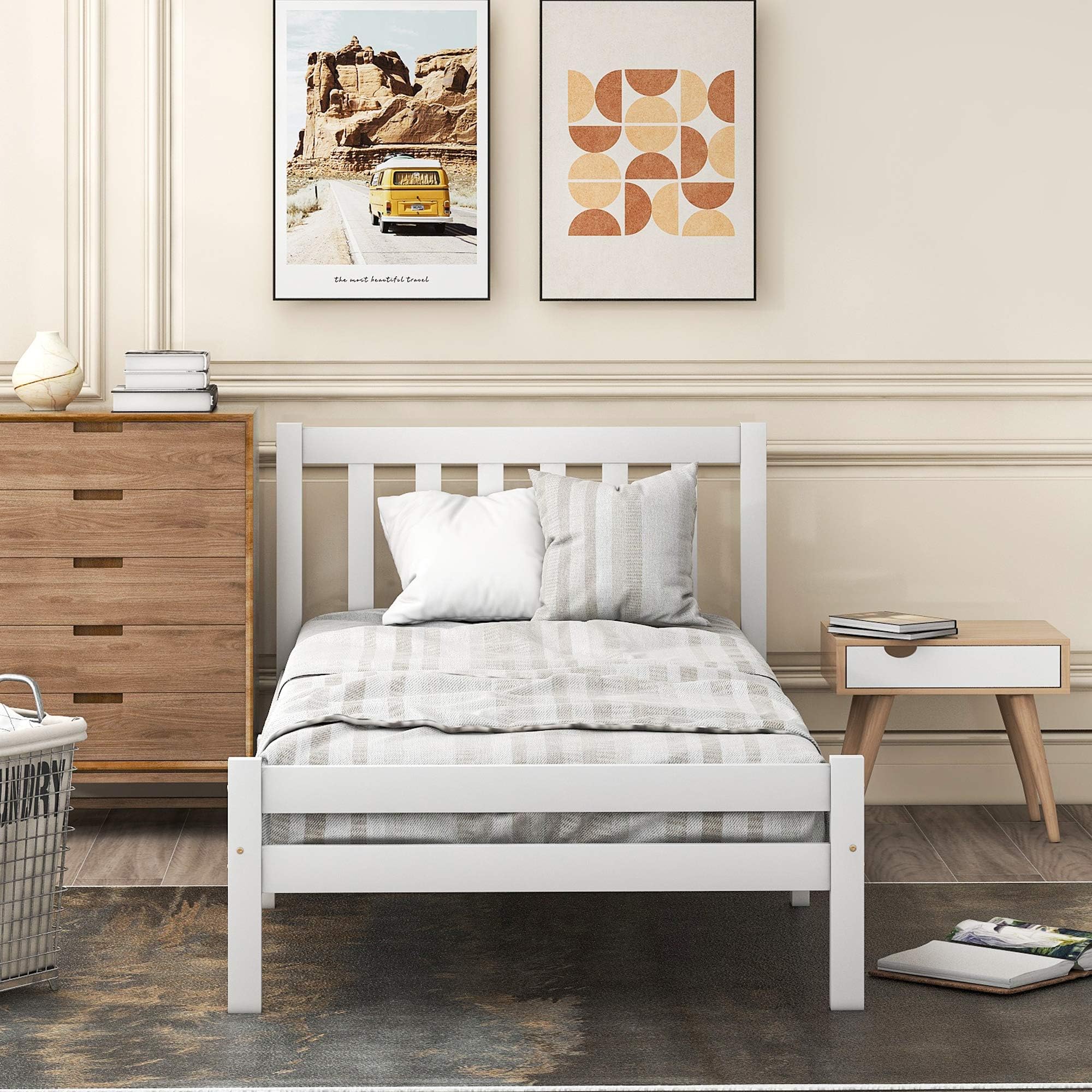 Harper&Bright Designs Wooden Bed Frame, Single Bed 3ft Solid Wooden Bed Frame, Bedroom Furniture for Adults, Kids, Teenagers, 90 x 190 cm (White)