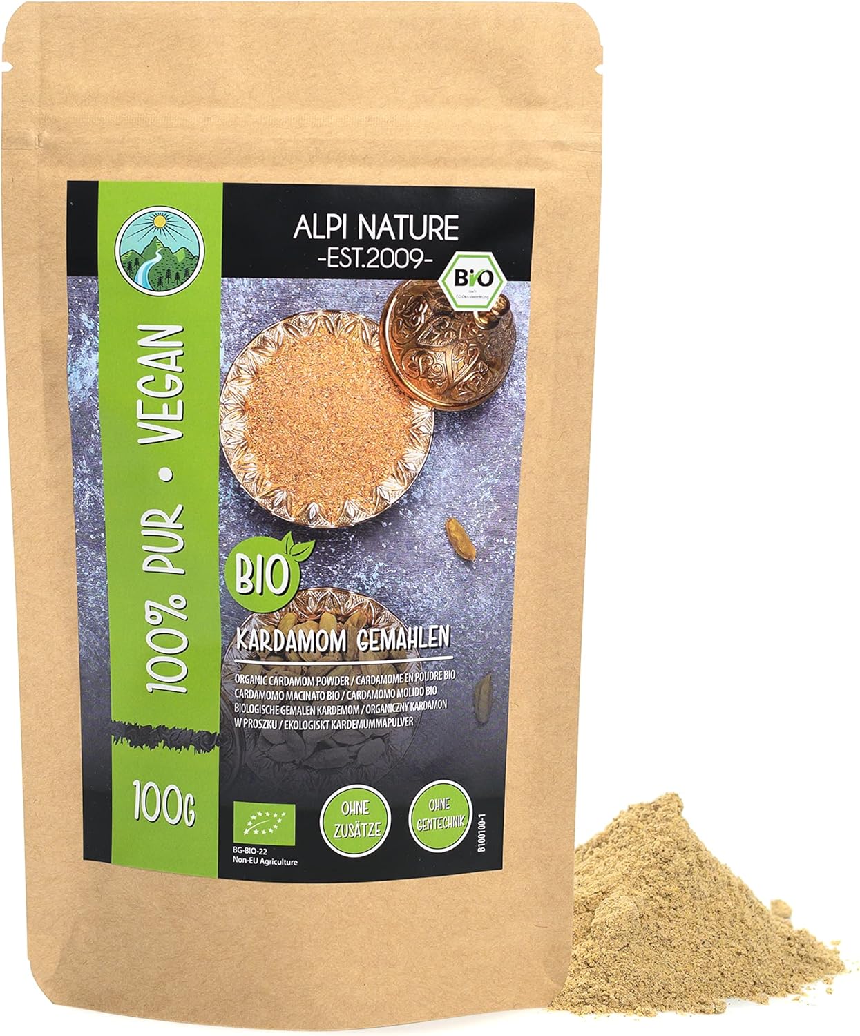 Ground organic cardamom (100g, 3.5oz), organically grown cardamom powder, glutenfree, lactose