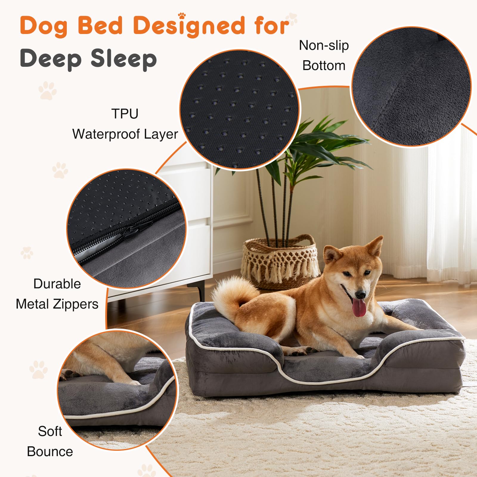 Sweetcrispy Orthopedic Dog Bed, XL Large Memory Foam Puppy Cat Bed with Washable Waterproof Removable Cover & Non-Slip Bottom for Pet Calming Sleeping (42"x32", Gery) - image 3