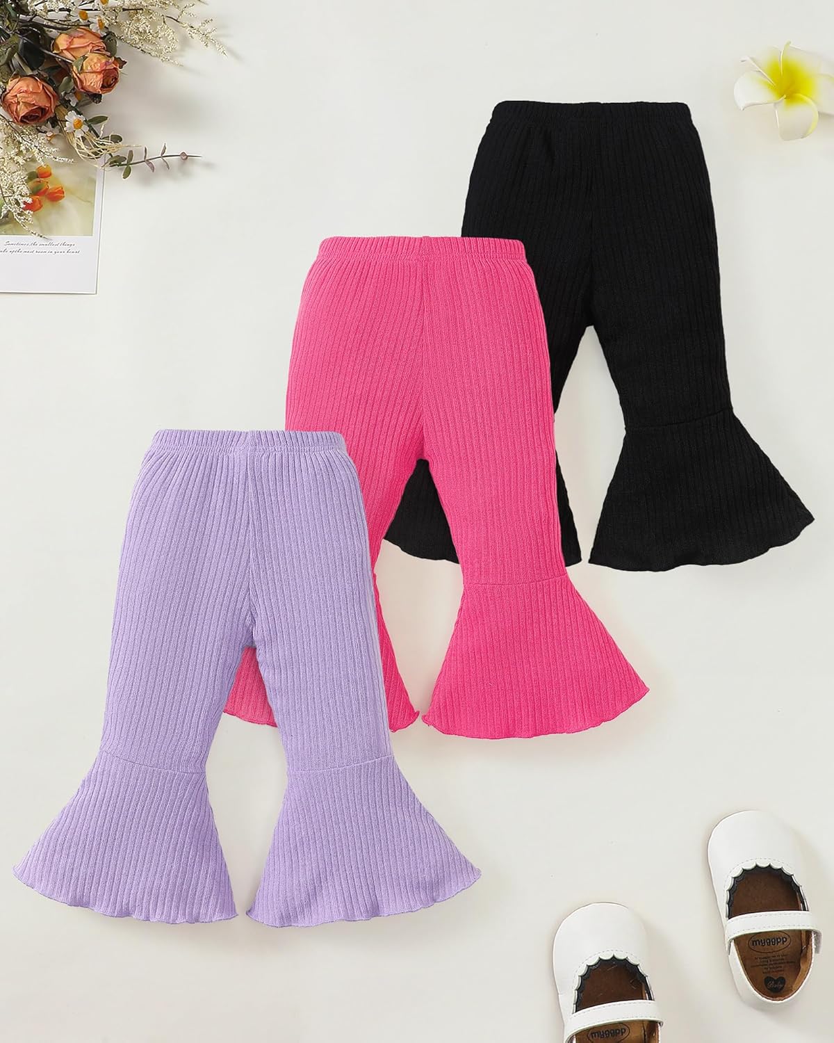Mioglrie Baby Girl Pants Toddler Leggings 3 Pack Flare Newborn Baby Pants 3 6 9 12 18 24 Months Bell Bottoms for Girls