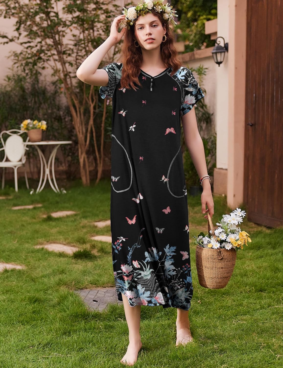 Ekouaer Long Nightgown Women's Loungewear Short Sleeve Sleepwear Full Length Sleep Shirt with Pockets - Image 4