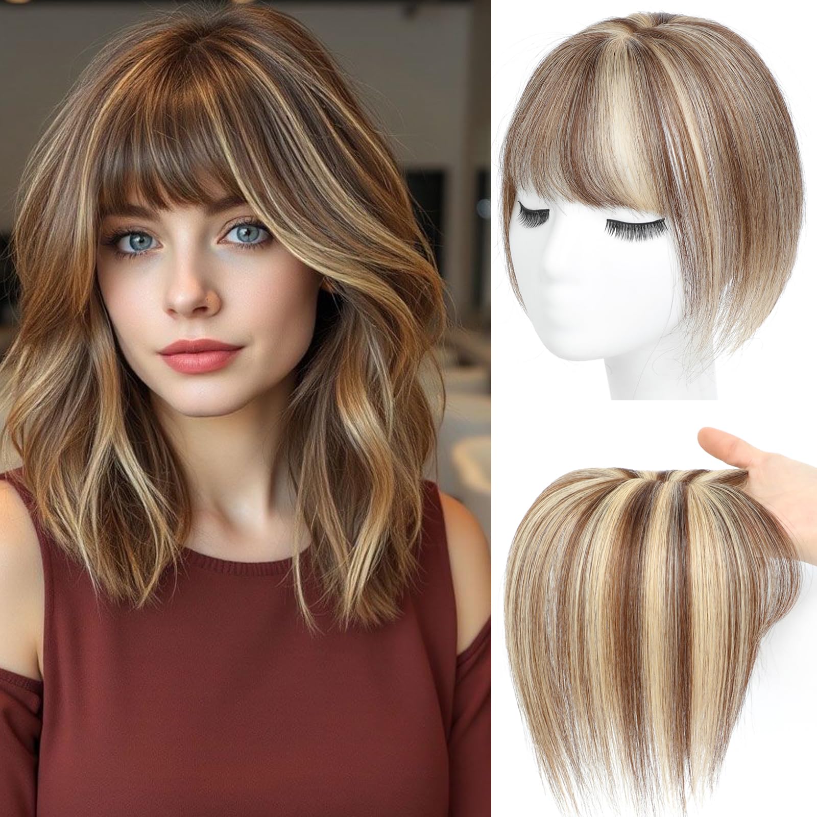 Hair Toppers for Women Real Human Hair， 360°3D Cover Toppers Hairpieces for Women with Thinning Crown Wispy Clip in Bangs Realistic Scalp Hairline (P4/27, Wispy Bangs)
