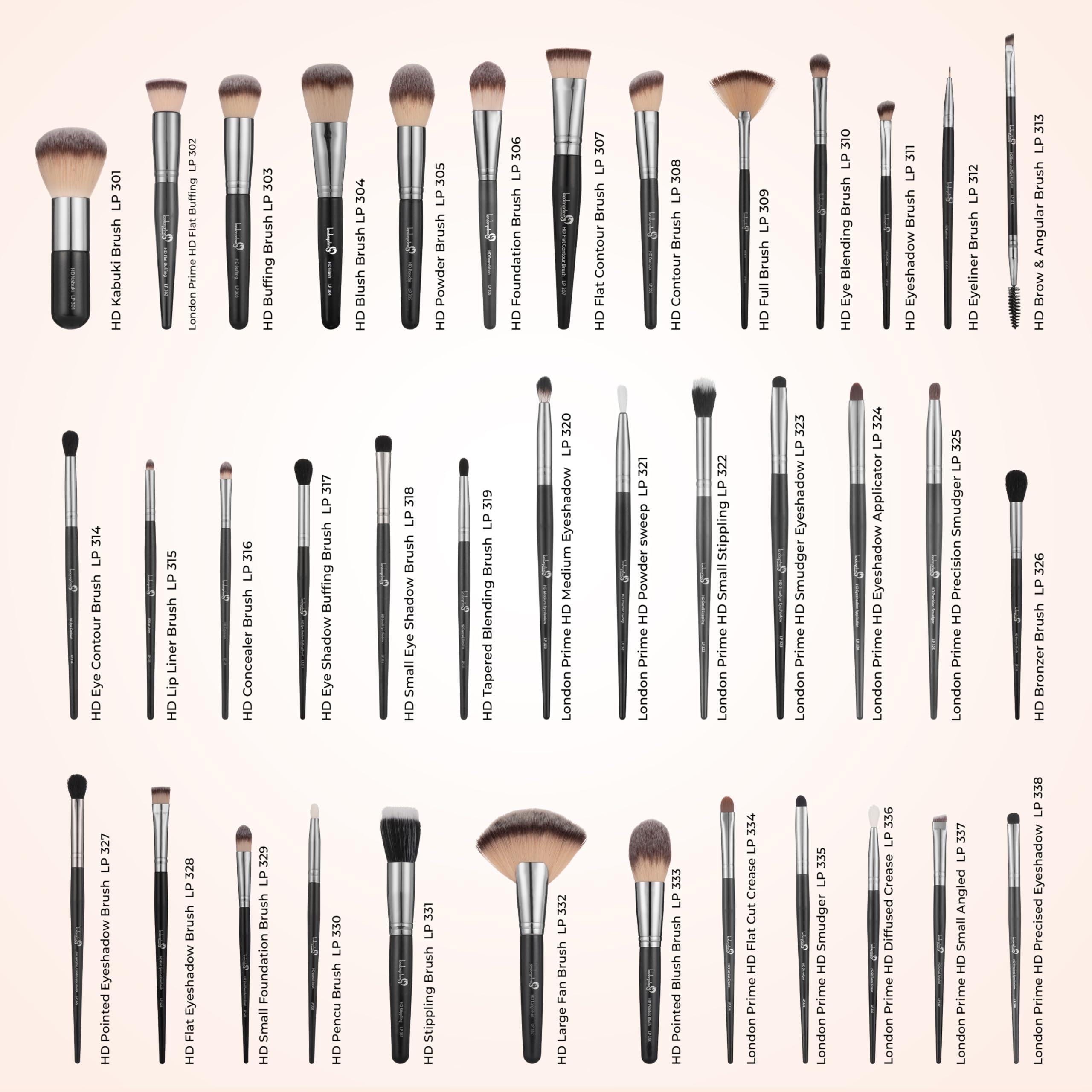 LONDON PRIME Lot de 38 pinceaux de maquillage pour fête professionnelle, fond de teint, fard à paupières, mascara, pinceau à poudre pour le visage, facile à transporter, durable, rangement élégant