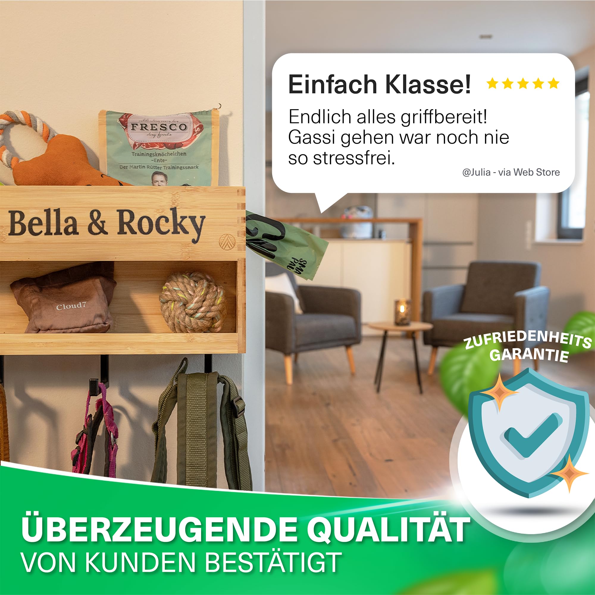 VELONT Hundegarderobe mit Ablage Personalisiert - Größe XL - Perfekter Leinenparkplatz - Bambus - Dogstation für Leinen & Zubehör - Inkl. Kotbeutelspender und Montagekit (06 XXL Gravur)
