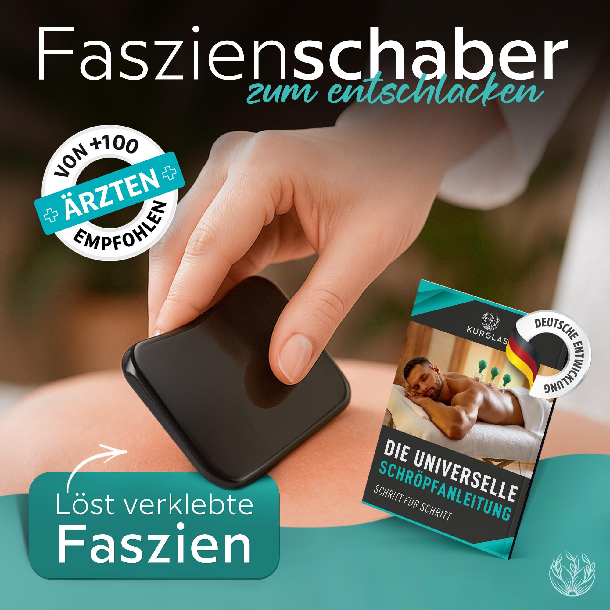 KURGLAS [Das Original] Schröpfgläser aus Echtglas [5 Stück] - Medizinische Schröpfen mit Saugball & Faszienschaber - mit starker Saugleistung - Schröpfset mit e-Book - Gegen Verspannungen & Cellulite
