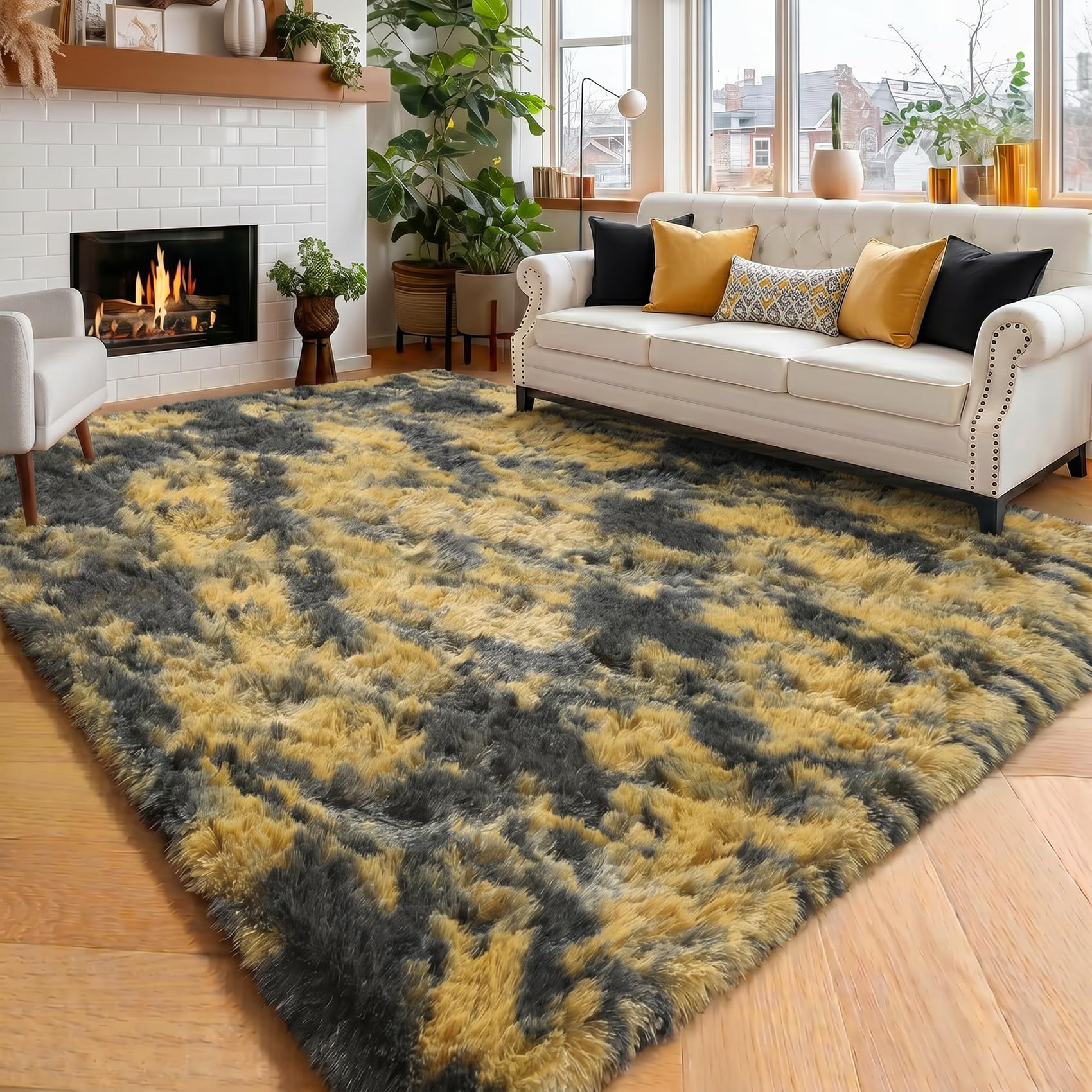 Amdrebio Black Gold Grey Fluffy Area Rug 5x7 for Bedroom Living Room Dorm — image 1