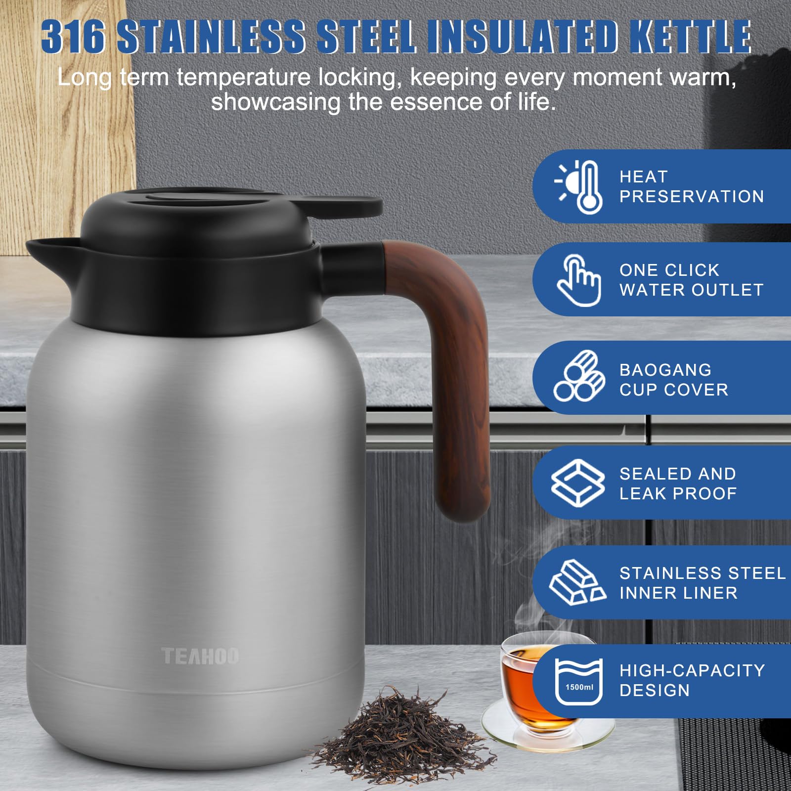 Pichet Isotherme 1,5 Litres en acier inoxydable 316, Chaud 24 h Café Théière isotherme avec passoire à thé, Hermétique, Fermeture Quick Press, Bouteille isotherme