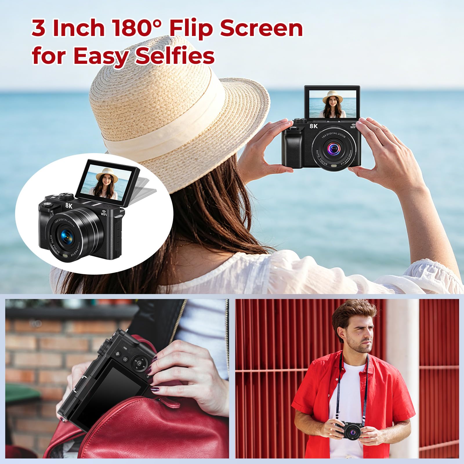 Fotocamera digitale 8K – Telecamera WiFi per fotografia 88MP – Autofocus Vlogging Camera per YouTube – Videocamera UHD per fotografi principianti con schermo flip da 3 pollici 180°, zoom 18x, paraluce