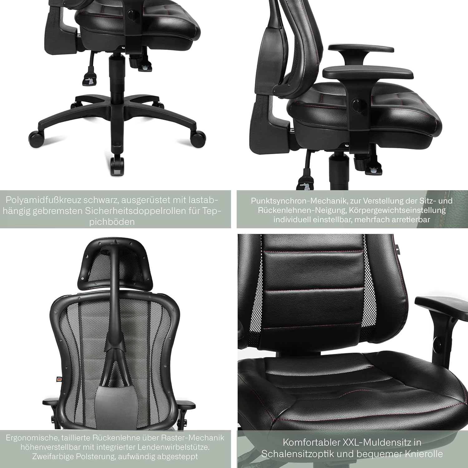 Detailed views of Topstar Head Point RS office chair features: polyamide base, point-synchronous mechanism, ergonomic backrest, and XXL contoured seat.