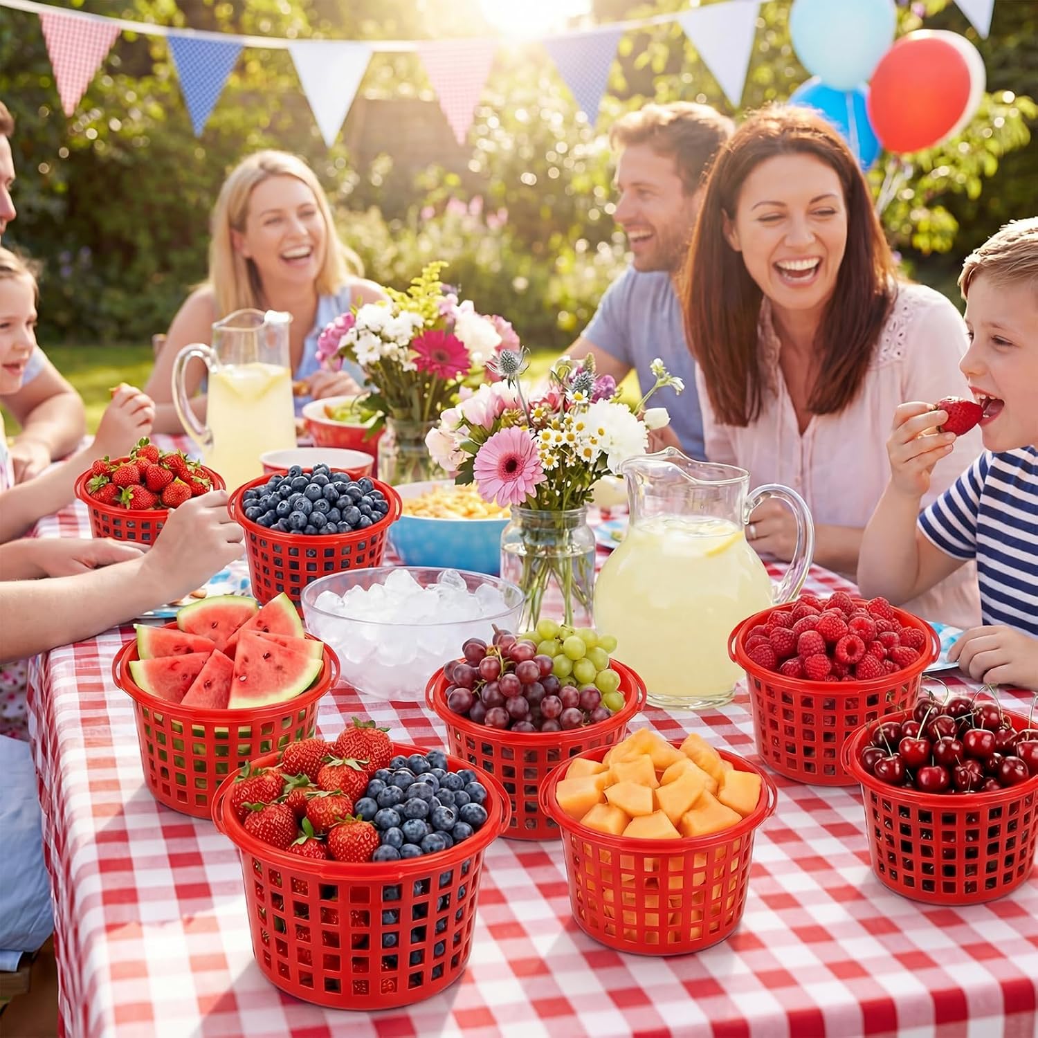 Sliner 30 Pack Berry Picking Baskets with Handle 2 Pint Plastic Strawberry Baskets for Harvesting Stackable Fruit Basket for Farmers Market Display Summer Party Fruit Container(Round)