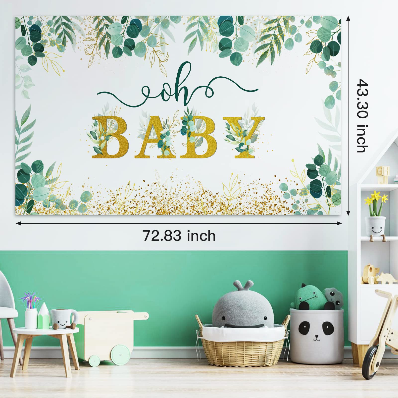 Greenery Decorazioni Baby Shower – Striscione 'Oh Baby' E Tovaglia Con Foglie Di Eucalipto – Tema Neutro