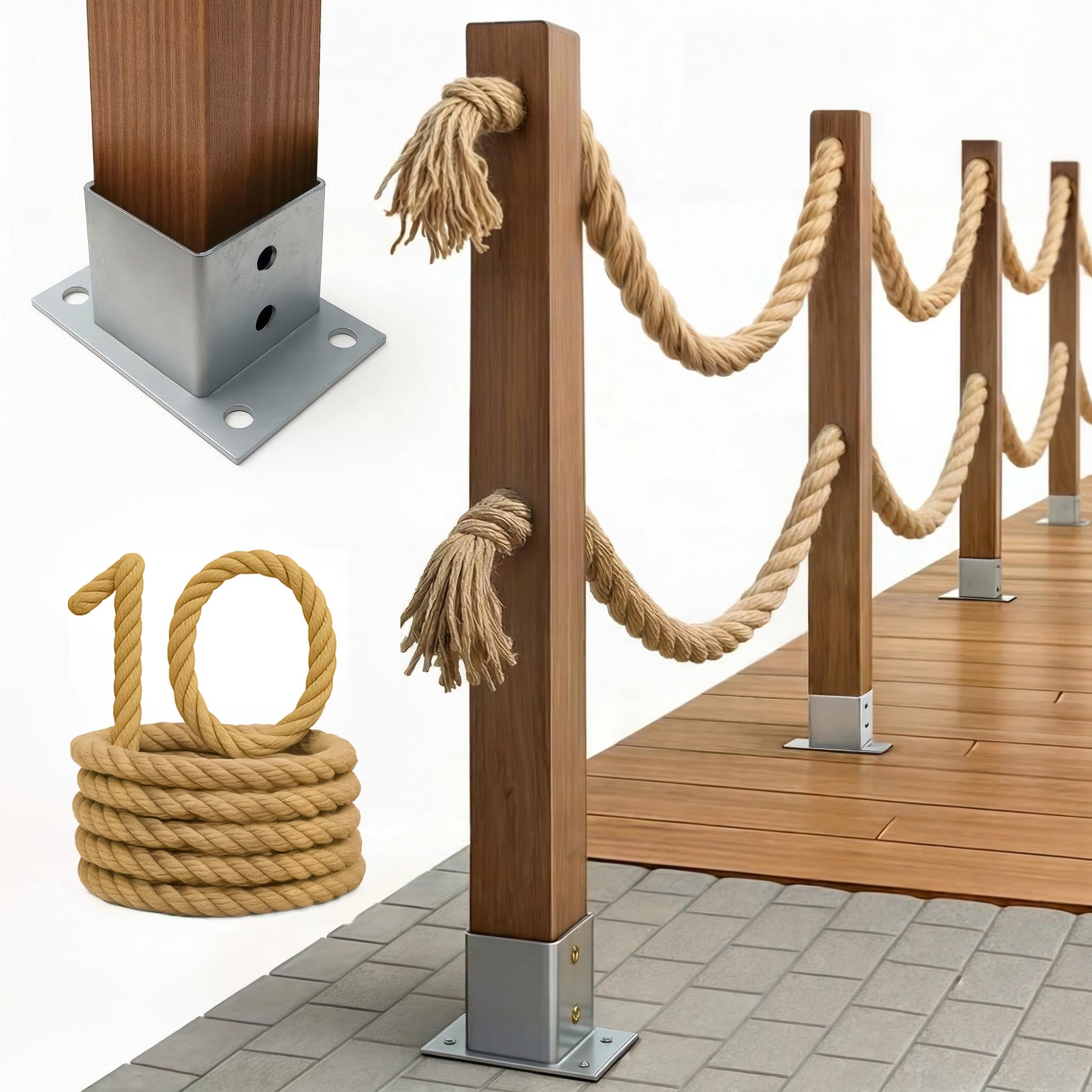 Bogateco Valla de madera de doble cuerda, 10 m, juego completo de cierre con 2 cuerdas de yute de 30 mm y postes de madera, madera impregnada con anclaje al suelo para atornillar, color marrón oscuro