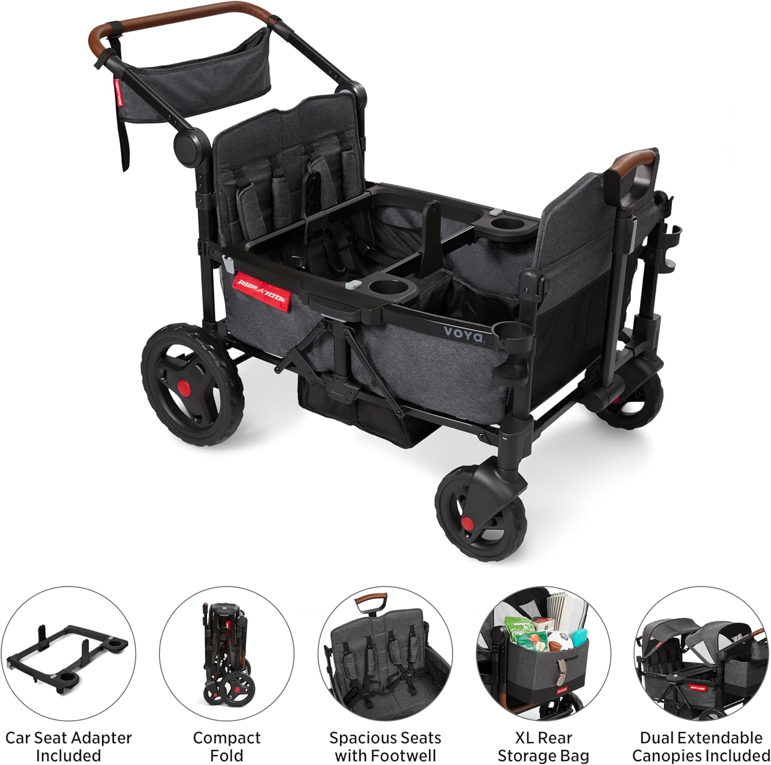 Radio Flyer Voya Quad Stroller Wagon and Graco Car Seat Adapter Bundle, 4-Seater Collapsible Wagon with Low Sides and Adjustable Canopies, Gray
