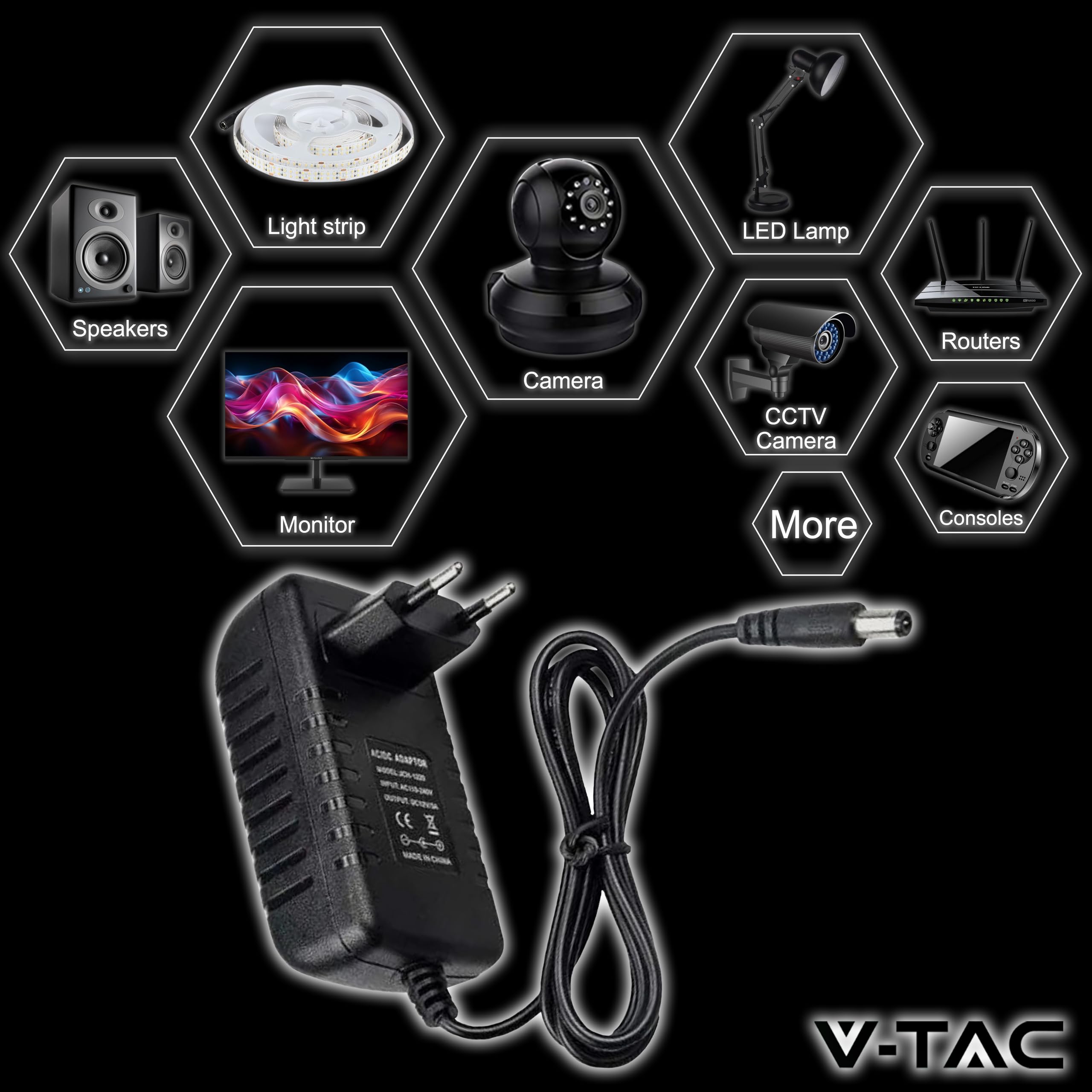 V-TAC Zasilacz 12 V 30 W 2,5 A do kamer, taśmy LED, modem - Adapter transformatora 12 V z wtyczką domową do ekranów i urządzeń elektronicznych - Wejście AC 100-240 V - 50/60 Hz