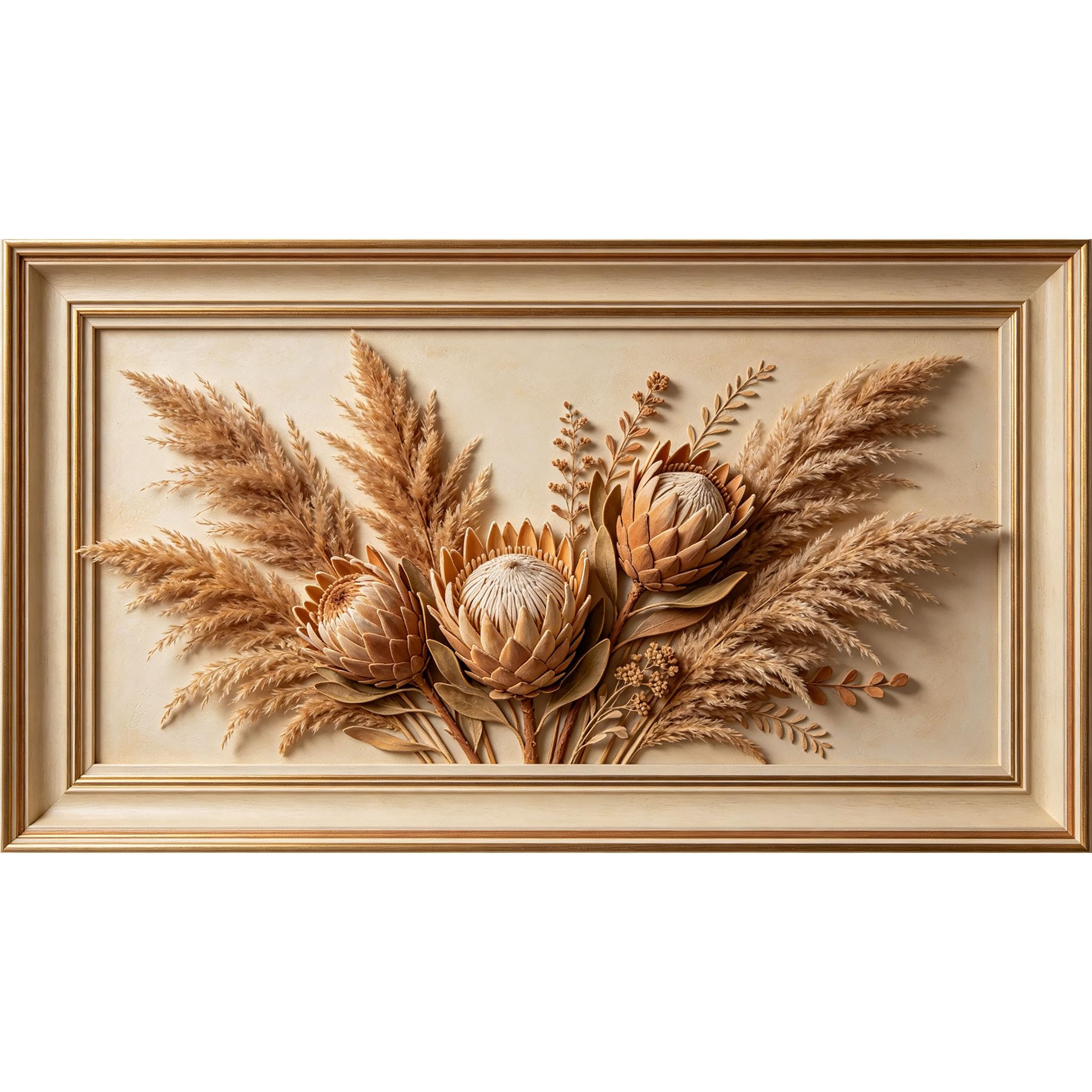QZLITHOTIC 50x90cm3D Framed Wall Art， Botanical Dried Pampas Grass and Protea Floral Self‑Adhesive Mural， Water‑Activated Peel & Stick Fabric Decor Wall Decal for Bedroom Living Room