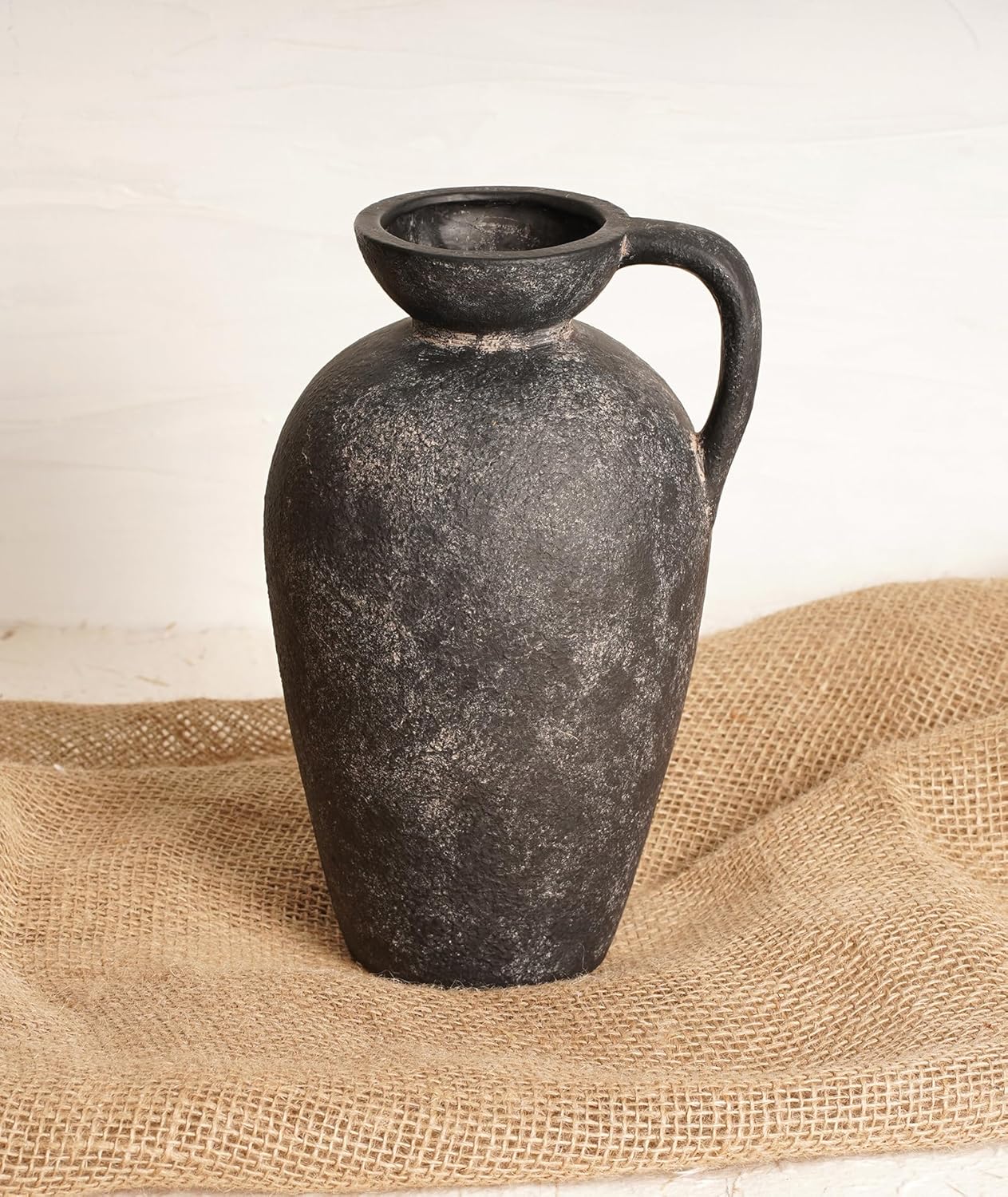 Terracotta Vase with Handle, Black Boho Ceramic Pottery 10inch, Farmhouse Unique Textured Round Jug, Rustic Vintage Decorative Vases for Flowers, Centerpieces, Living Room.