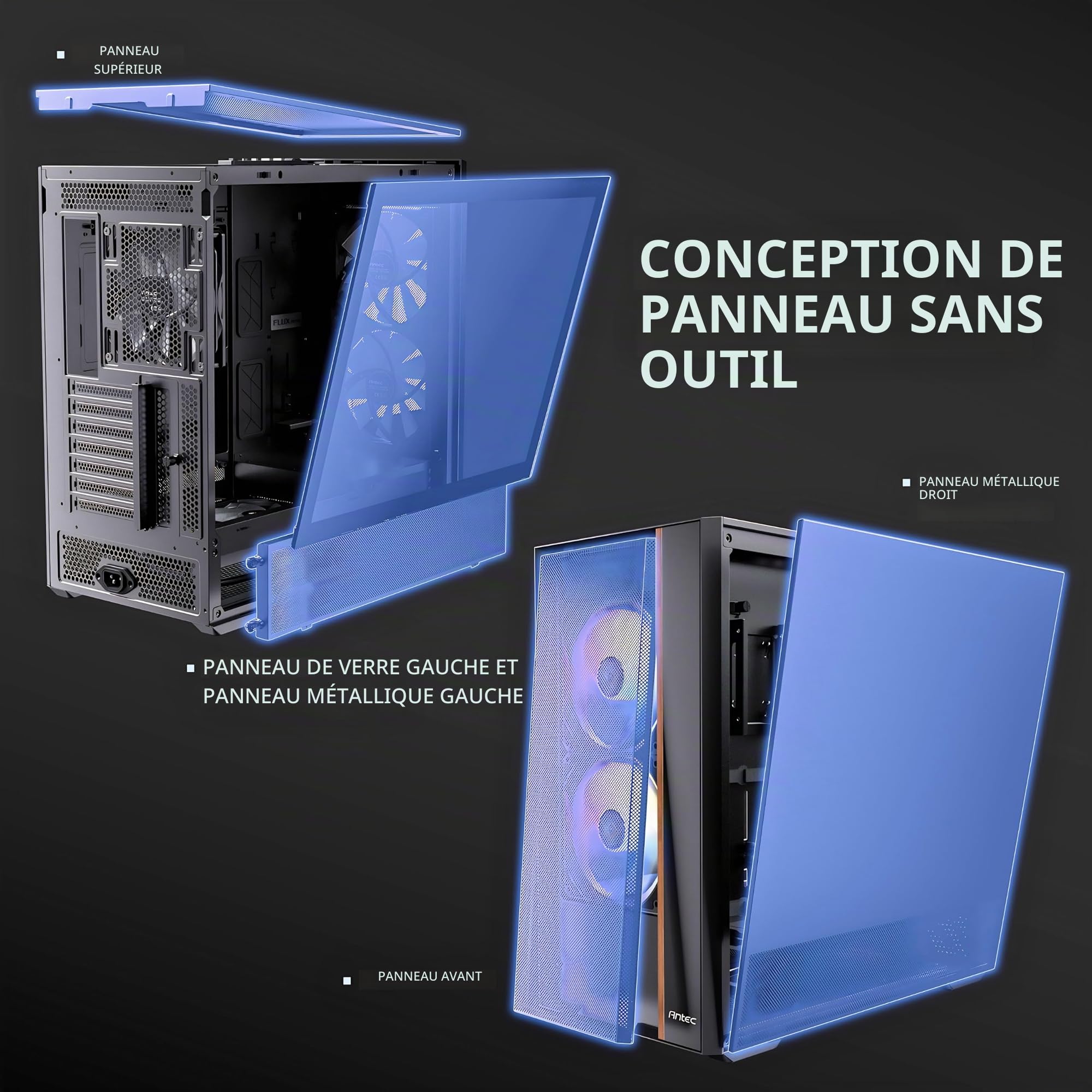 ANTEC Flux Rear ATX/Micro-ATX/ITX Boîtier Midi Tower PC, Noir