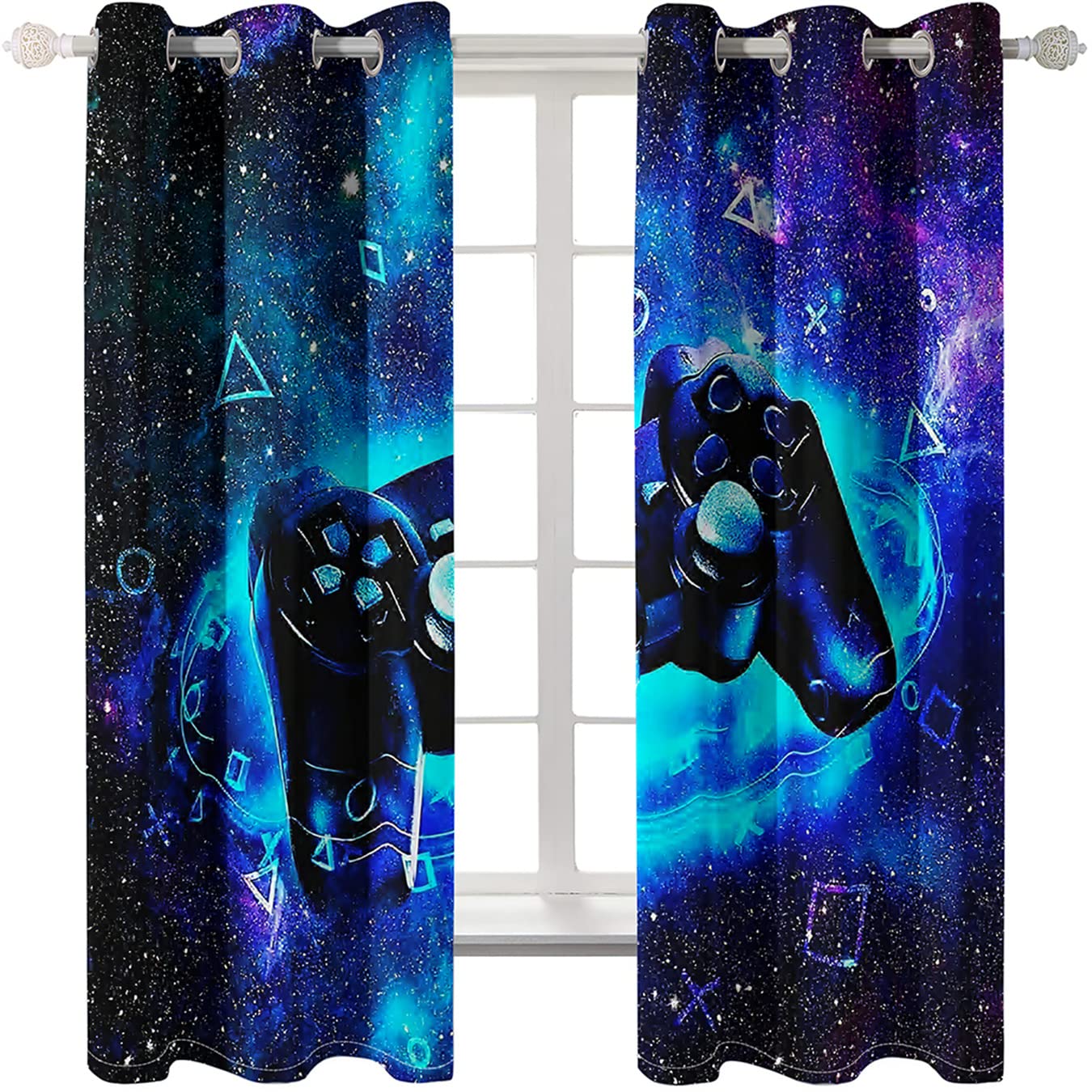 Xisnuient Boys Navy Blue Kids Teen Bedroom Blackout Curtains 2 Panels Blue Purple Galaxy Star Game Controller Graffiti 3D Printing Gamer Living Room Large Curtain With Holes (,2Pc-W29.5'' X L65'')