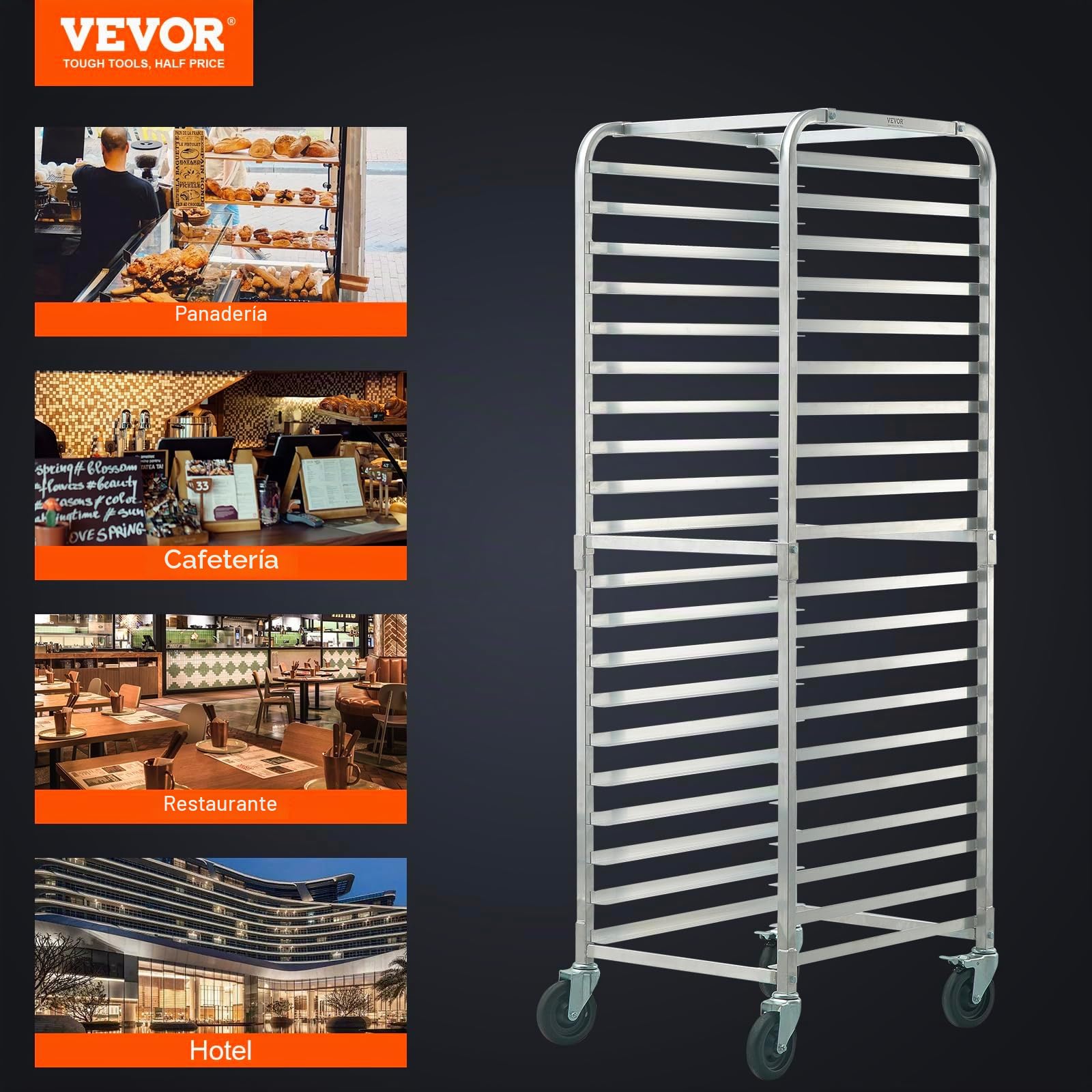 VEVOR Carro para bandejas de pan de 20 niveles, estante de panadería comercial con ruedas de freno, carro de almacenamiento de aluminio para bandejas completas de media hoja, equipo para hornear pan