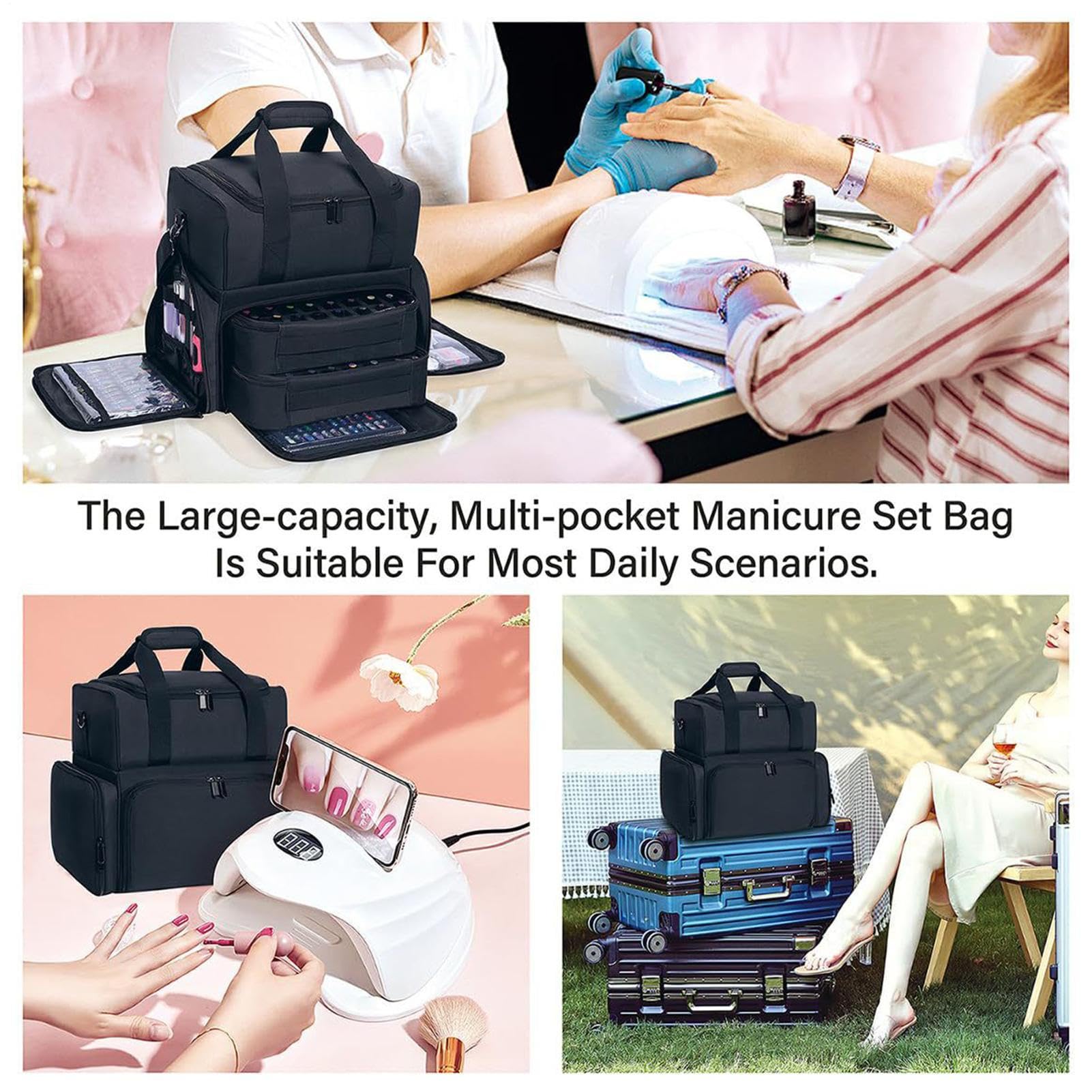 Bolsas de uñas para accesorios de uñas, organizador de esmalte de uñas, bolsa para | Juego de lámpara de uñas – Estuche de almacenamiento para 70 botellas con soporte y correa para el hombro para viajes