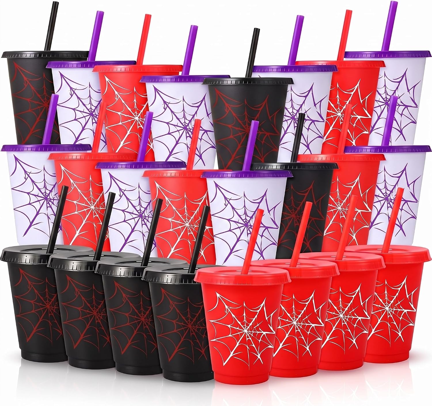 Newtay 36 Pieces 16 Oz Plastic Spider Party Cups with Straws and Lid