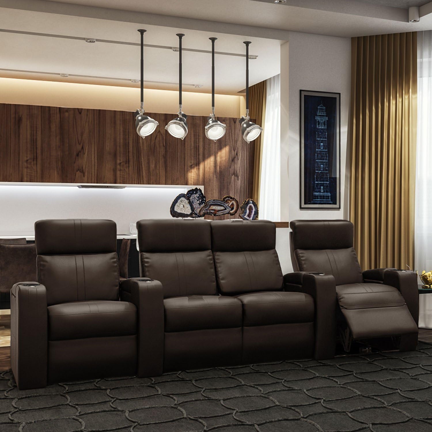 Octane Seating Flash HR Series Home Stadium Seating - Black Top Grain Leather - Power Recline - Motorized Headrest - Lighted Cup Holders (Row of 4 Center Loveseat, Brown)