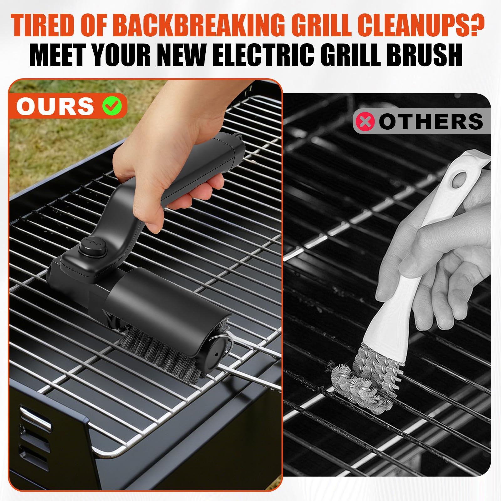 Spazzola Barbecue Elettrica 2-In-1, Spazzola elettrica per barbecue a batteria con Testa orientabile a 180°, motore a 3 velocità, 2 Testine, 90 minuti di autonomia, per griglia, affumicatore